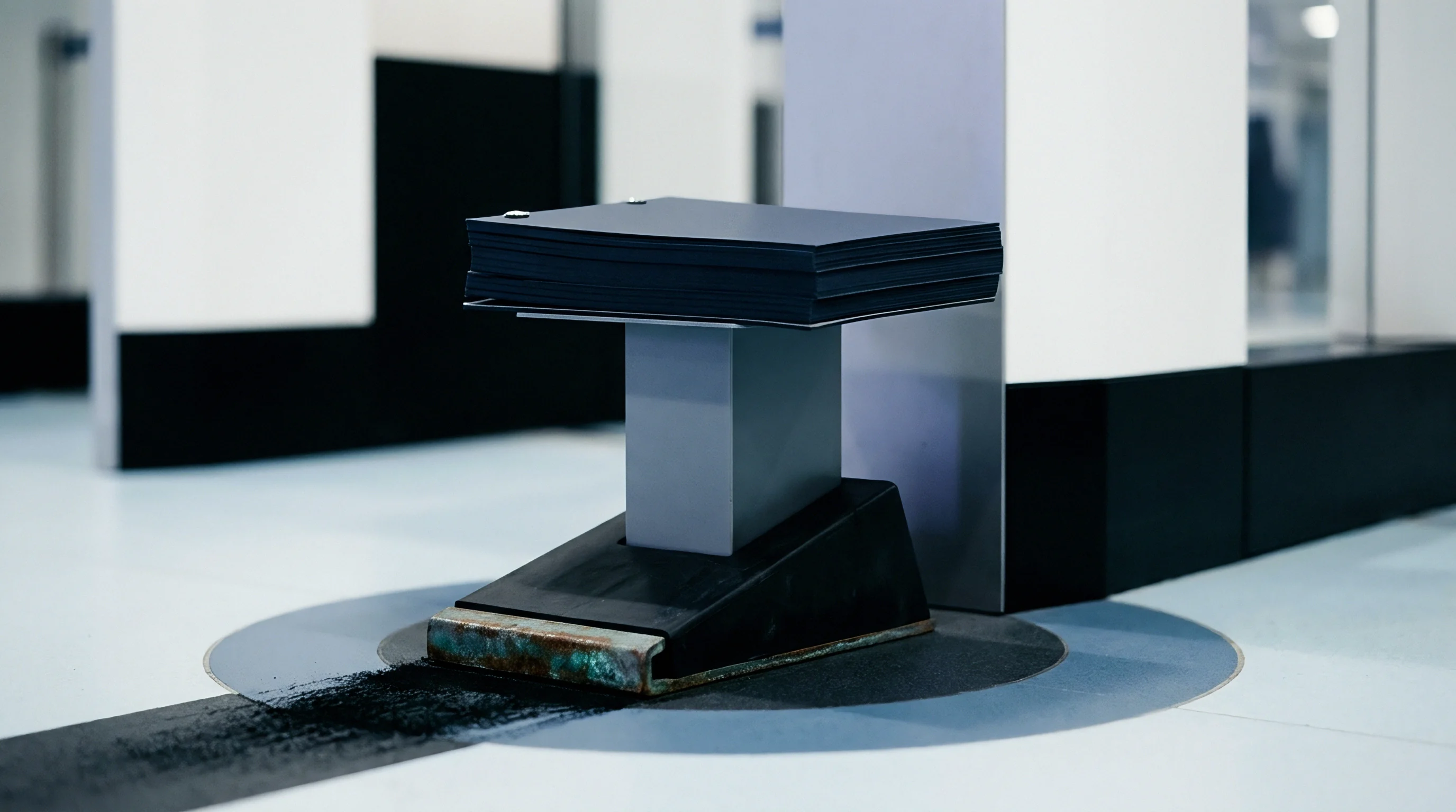 A mechanical wear testing rig holds layered dark panels above abrasive residue on a bright industrial floor.