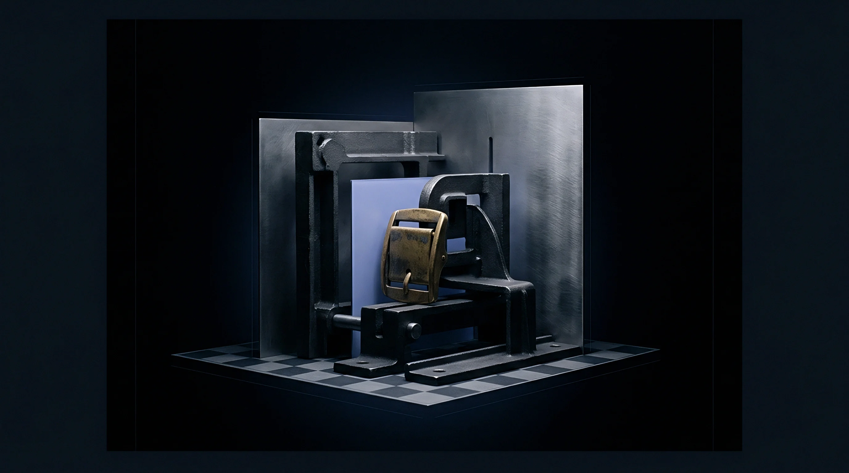 Varying metallic plates and industrial clamping fixtures enclose a single brass buckle positioned on a checkered geometric stage within a digital render.