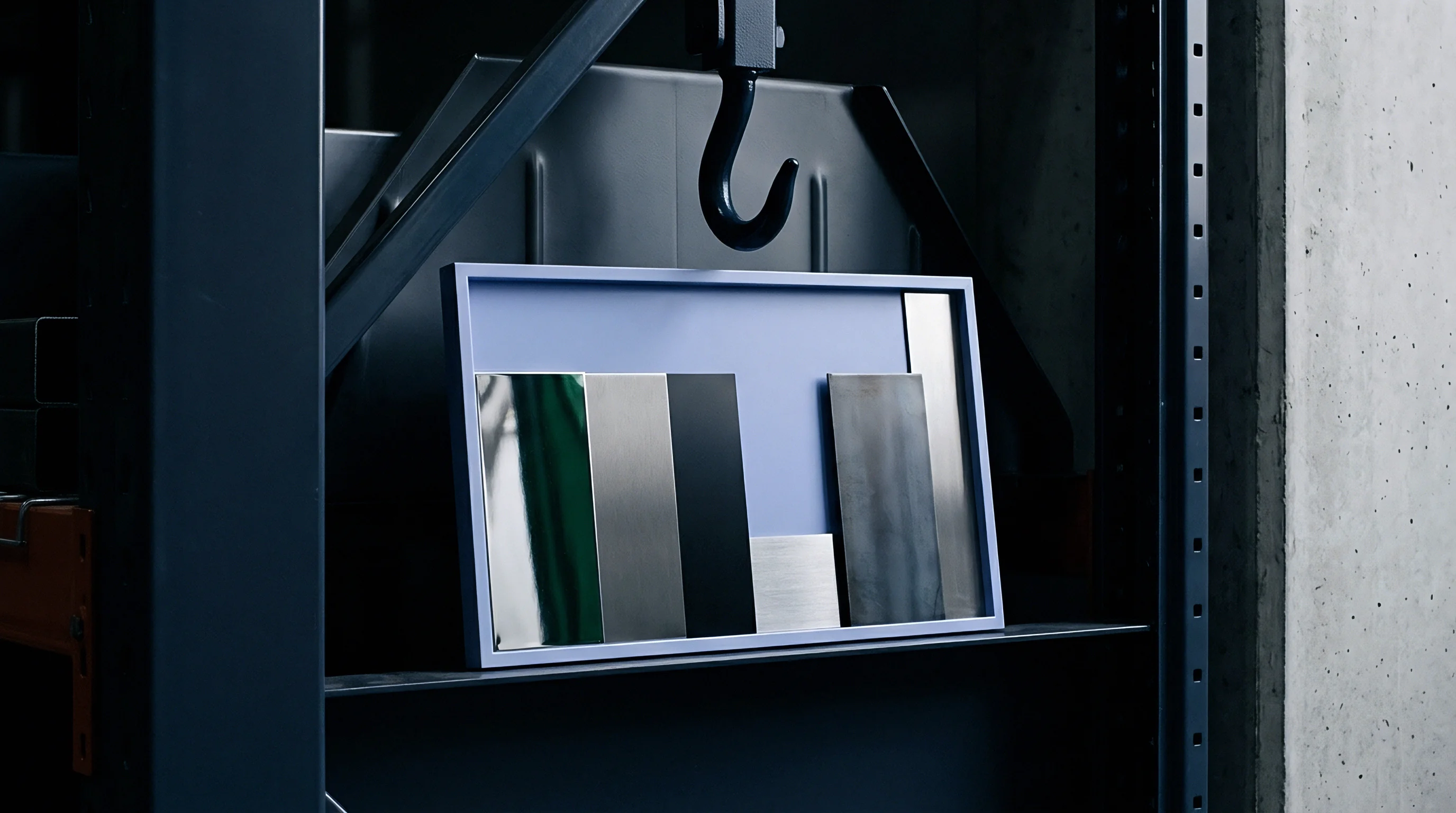 Metal surface finish swatches rest in a pale blue display frame inside a heavy industrial storage warehouse.
