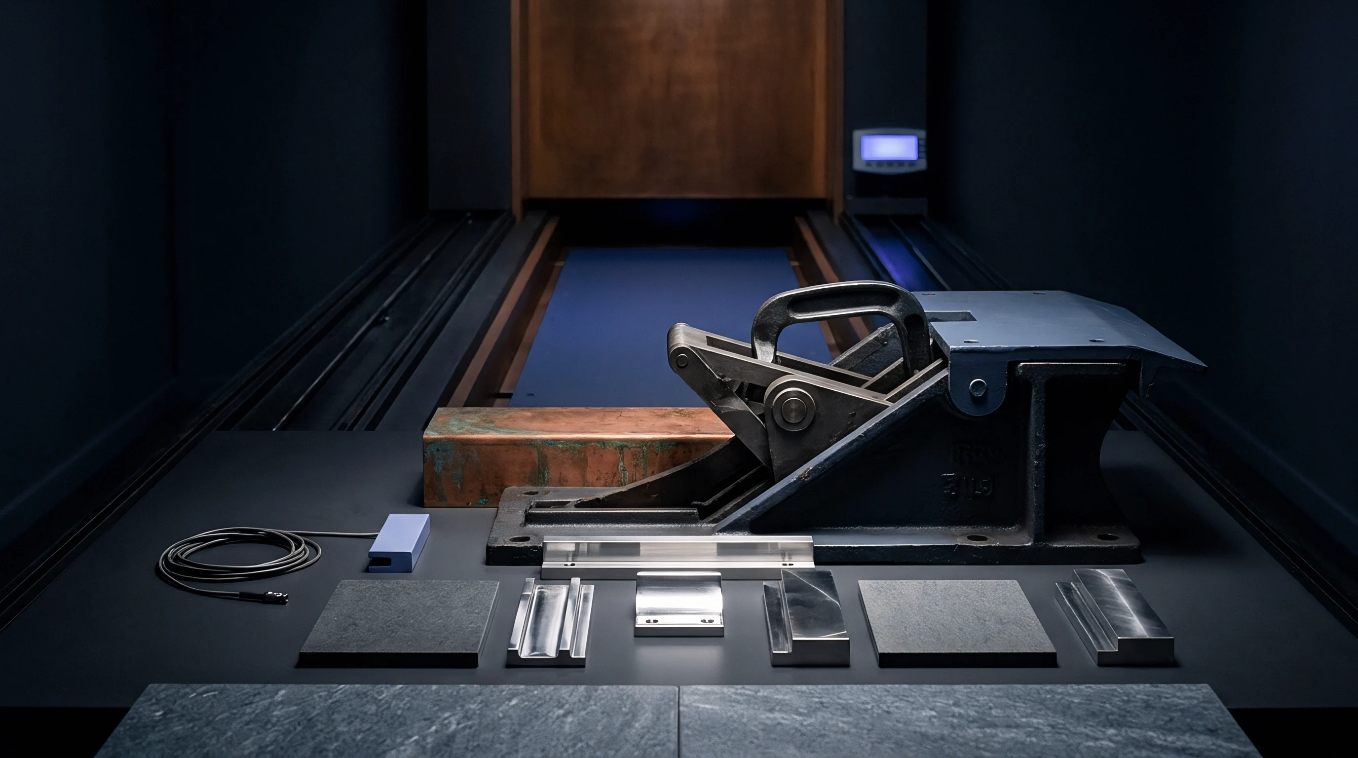 Precision machined metal coupons and a heavy mechanical fixture sit alongside a sensor probe on a dark inspection table in a laboratory.
