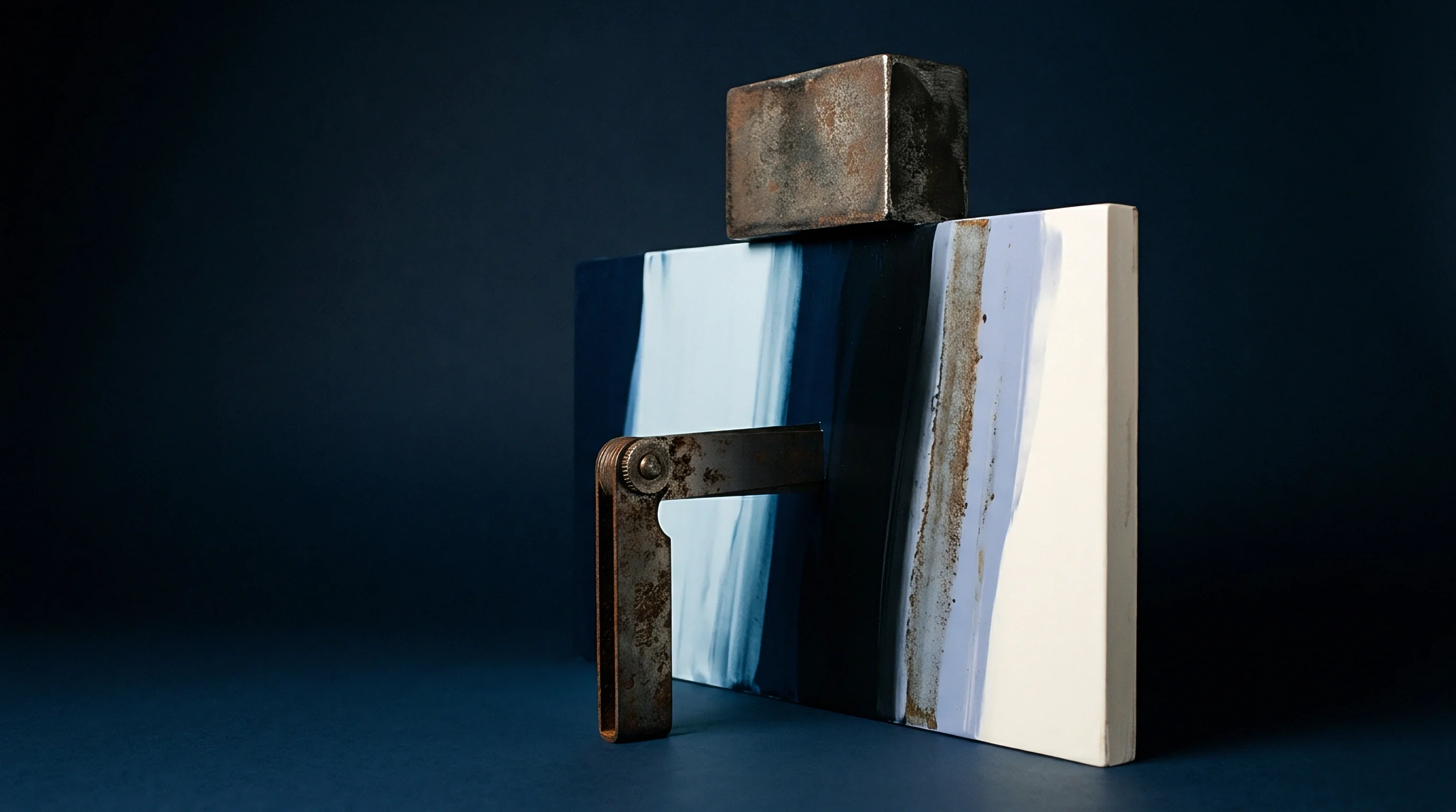 An iron block and rusted metal square rest against a painted canvas showing streaks of blue and oxidized pigment.