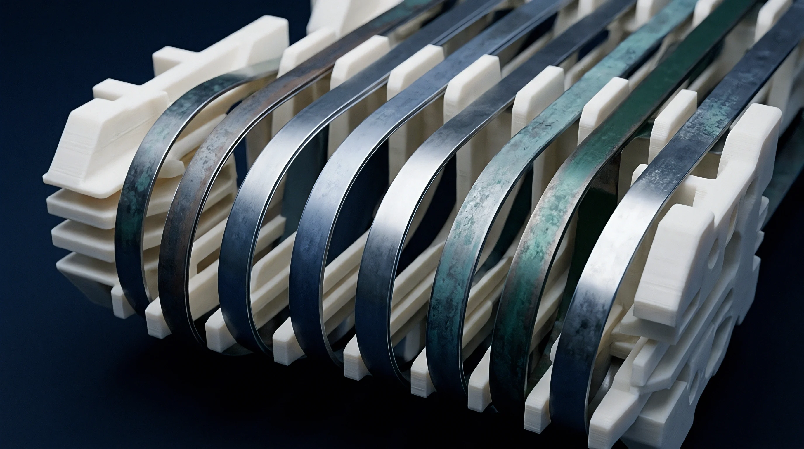 Multiple thin metallic strips showing varying oxidation states are organized within an additive manufactured plastic support frame.