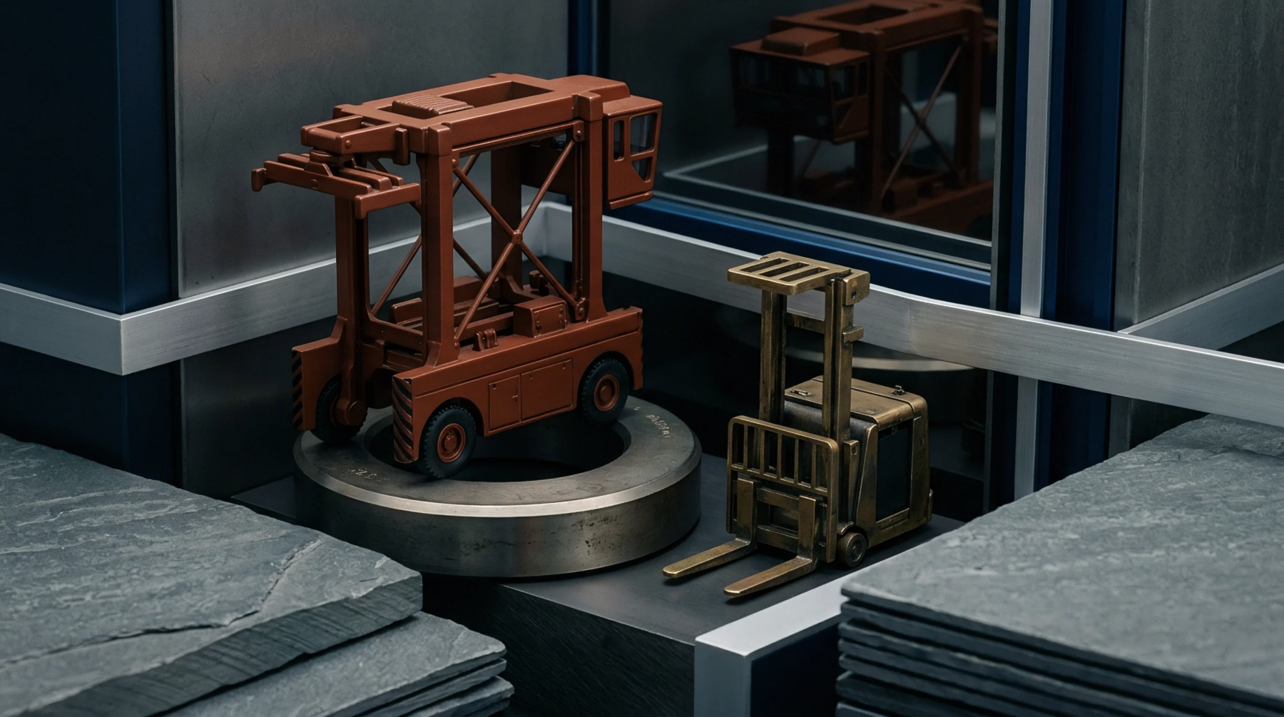 Scale models of a straddle carrier and a forklift stand on metal and slate surfaces in a modern display setting.