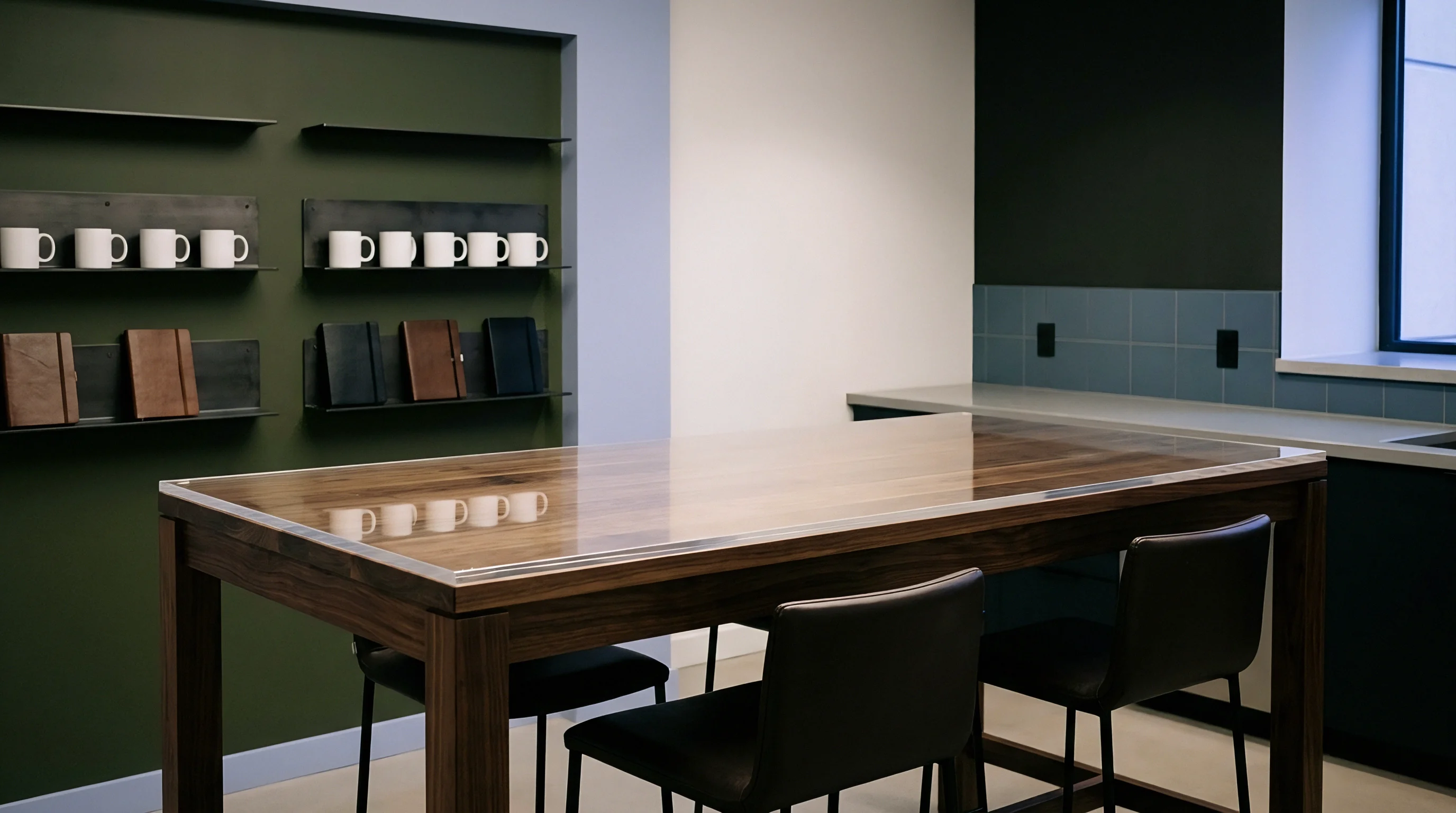 A dark wood table sits before a green wall with shelves displaying ceramic mugs and leather journals in a corporate office setting.