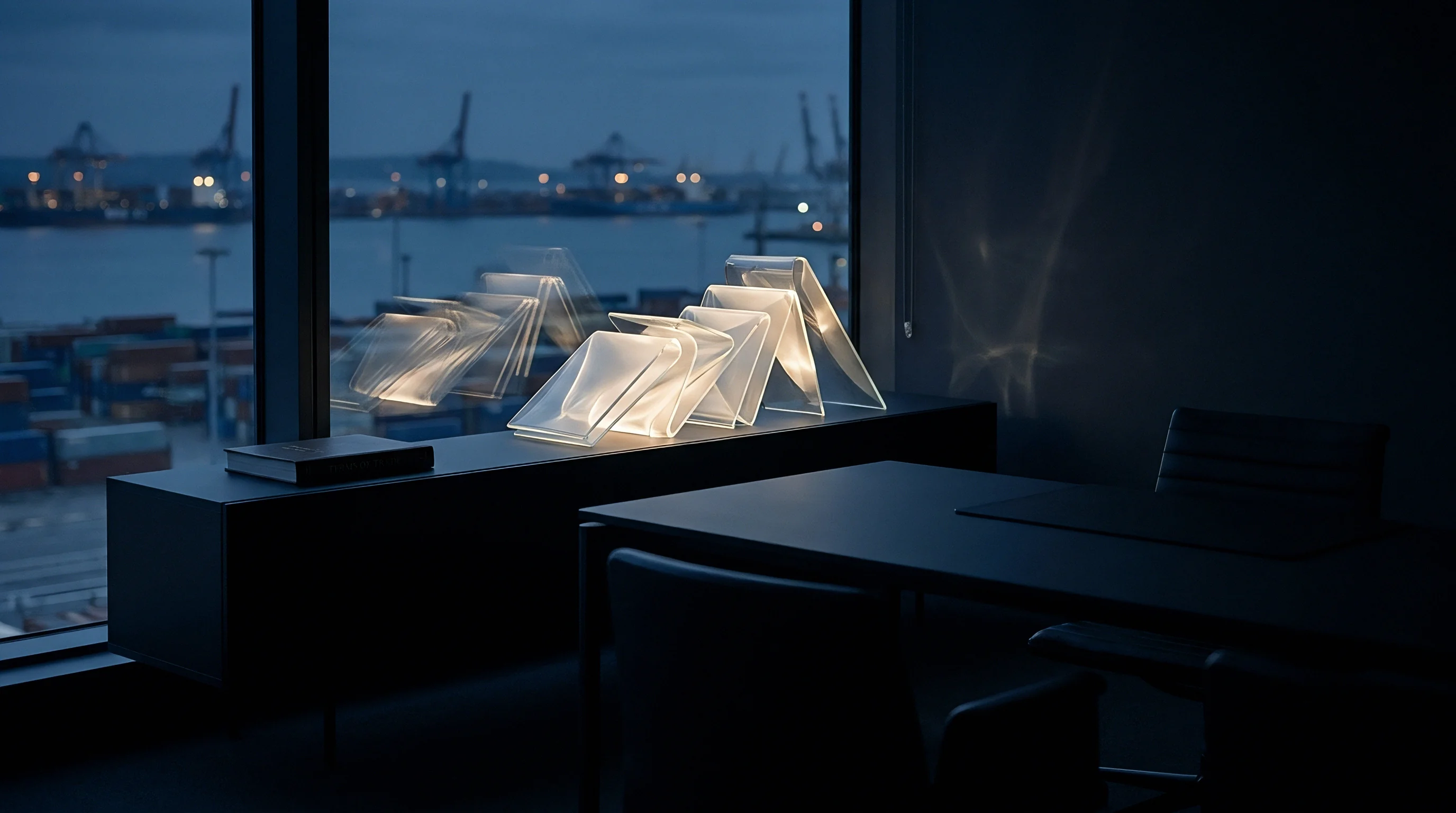 Translucent molded polymer lighting panels rest on a dark console inside a corporate office overlooking an active container shipping port terminal.