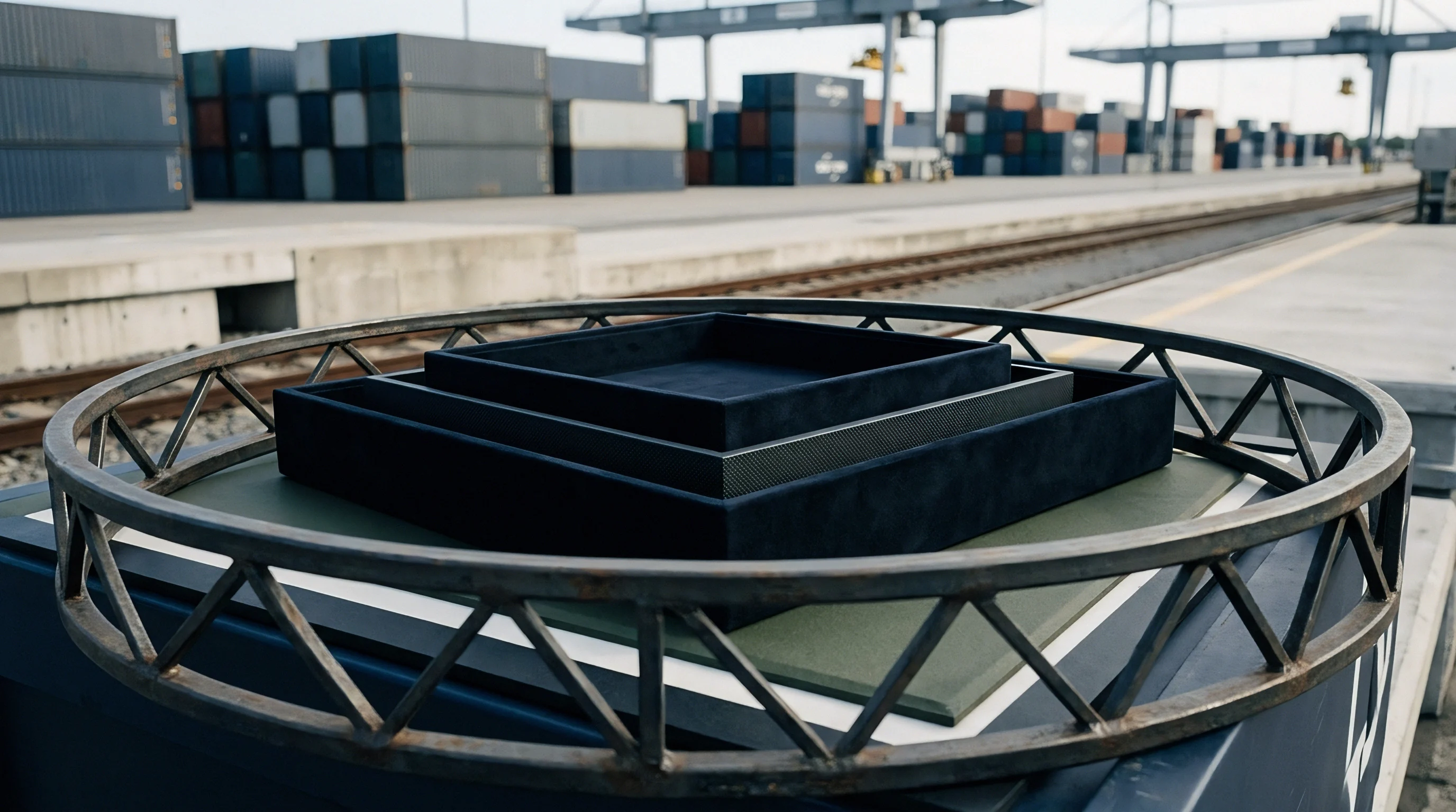 Nested dark textile lined metal trays rest inside an industrial tubular steel rig positioned outdoors at an intermodal container freight terminal.