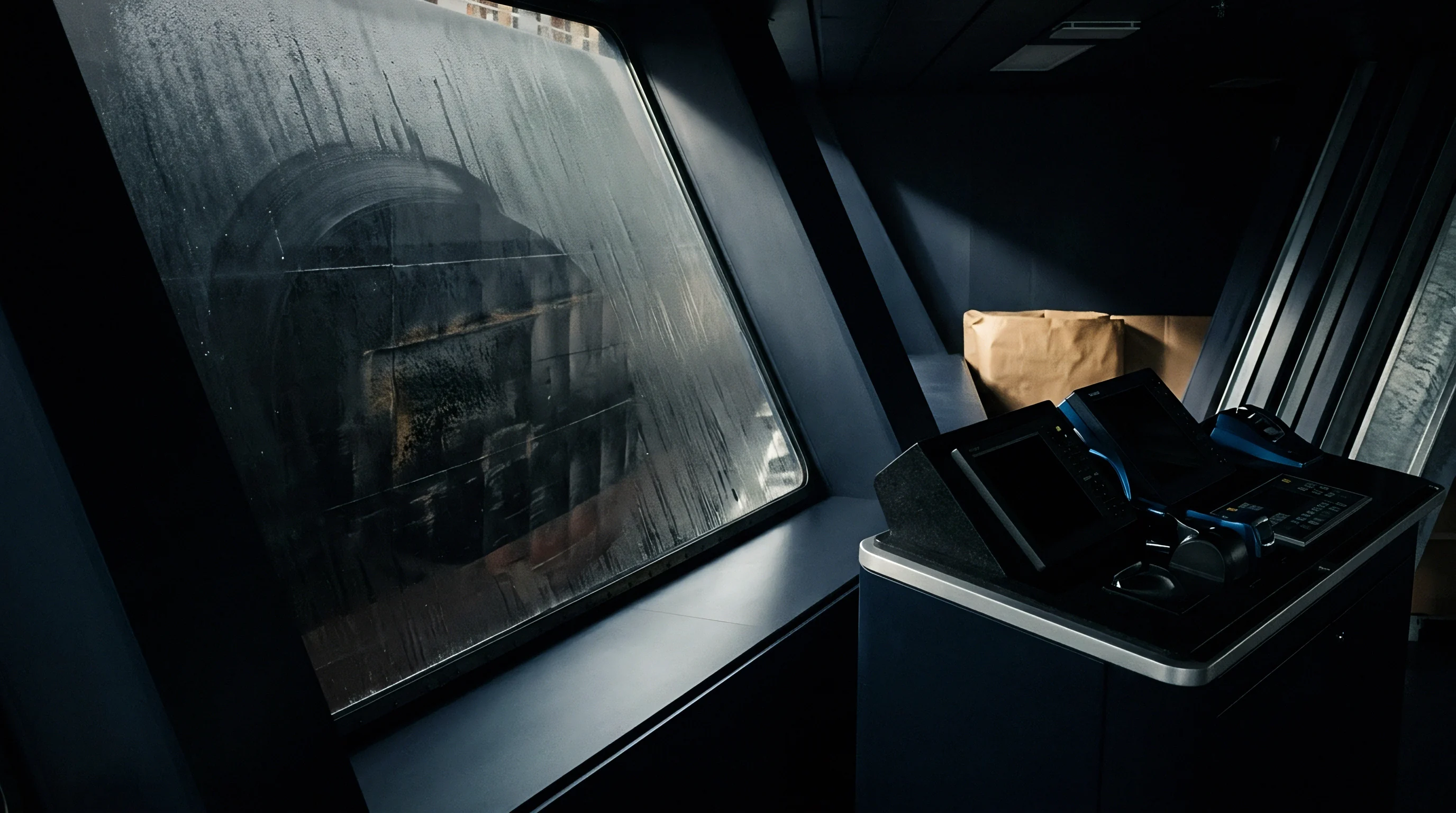 A dark interior control room features a modern console with multiple screens and controls, overlooking a grimy, streaked window.