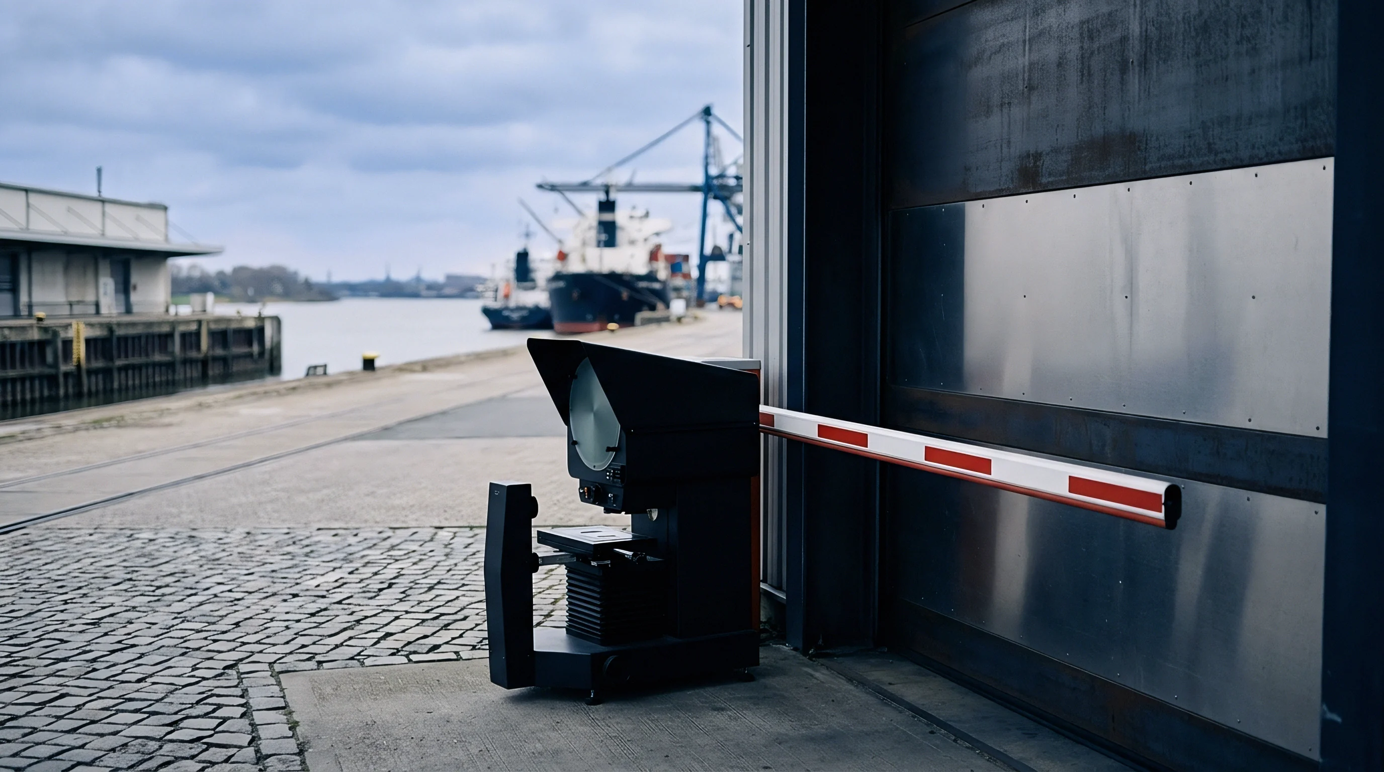 An industrial optical comparator sits on a concrete quay beside a boom barrier at a maritime shipping terminal near parked cargo vessels.