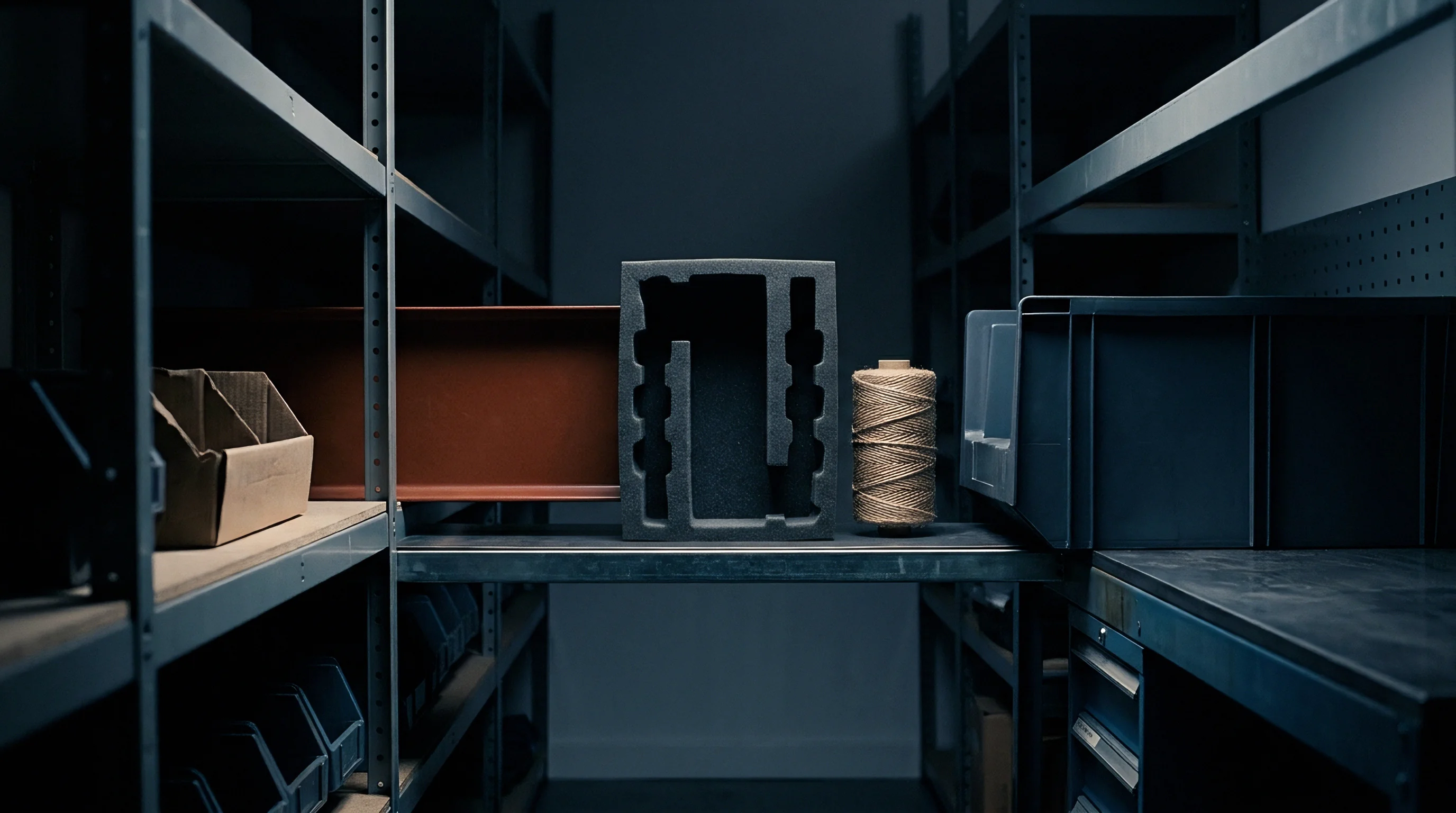 An organized industrial shelf displays a metal profile, a foam packaging insert, a spool of cordage, and various storage bins in a dark workshop setting.