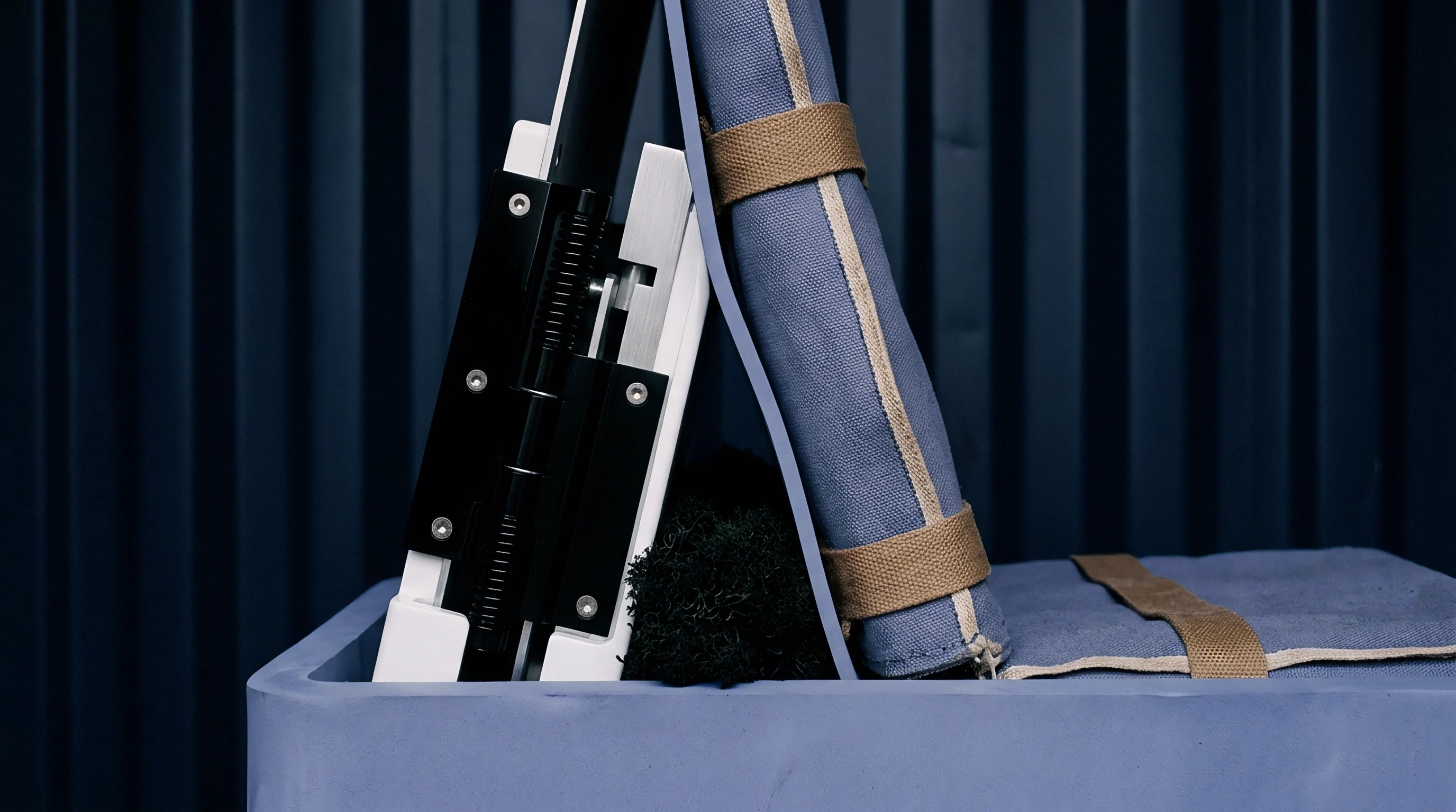 Precision mechanical hardware and rolled blue canvas rest inside a molded container positioned before a dark vertical panel.