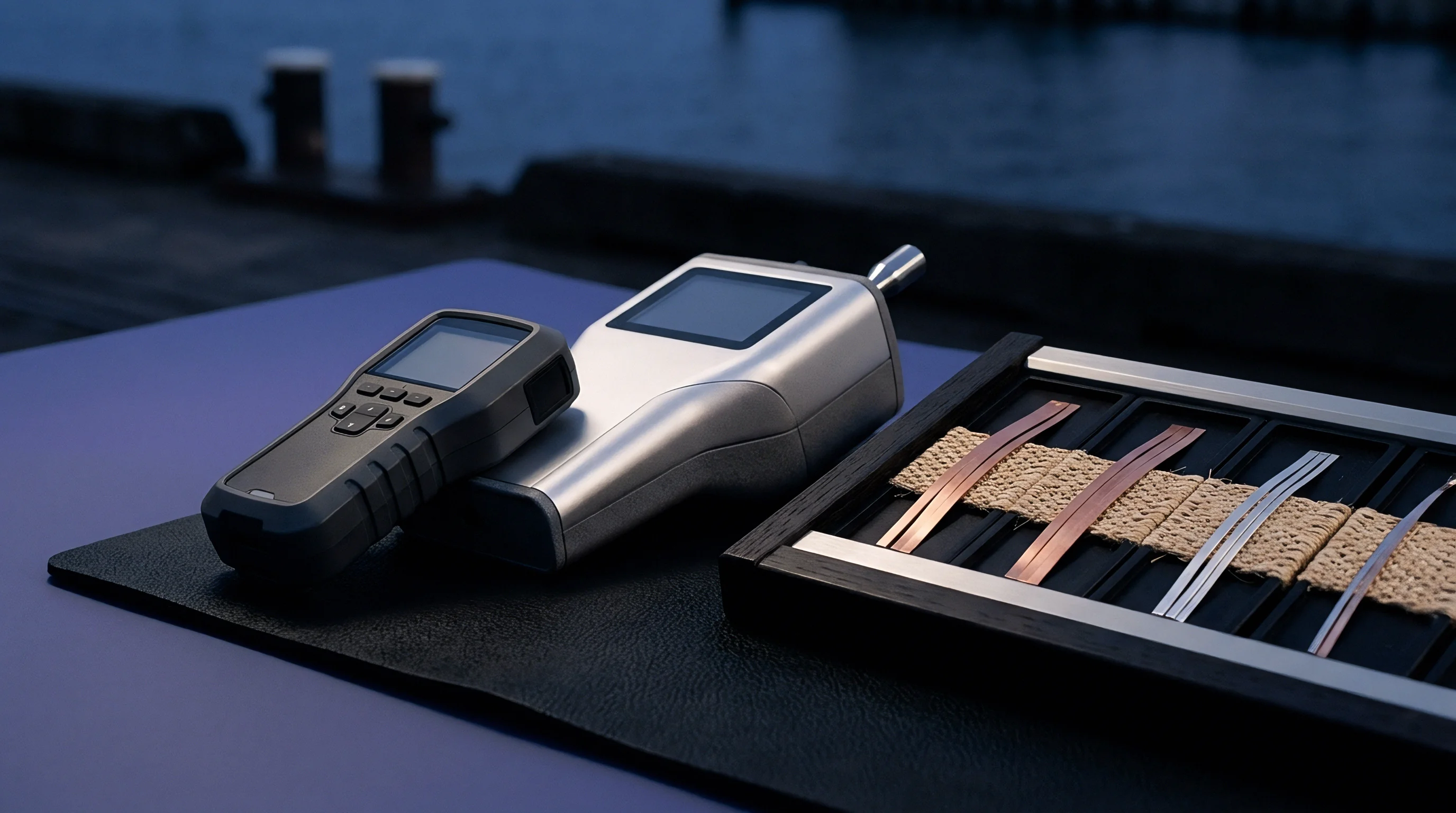 Portable electronic material testing devices and a tray of metallic calibration strips rest on a black work mat at a shipping port.