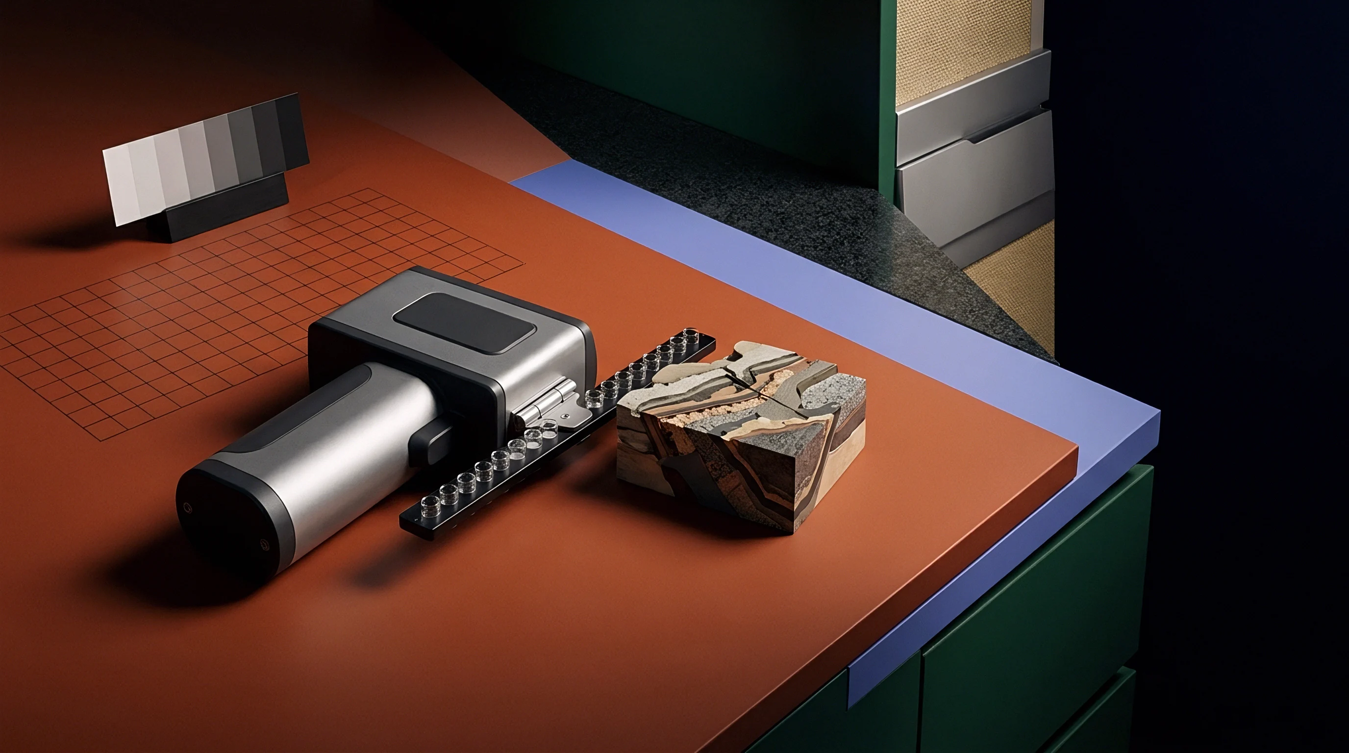Studio render showing a portable material analyzer beside a faceted mineral specimen and sample tray on a workstation with a grayscale card.