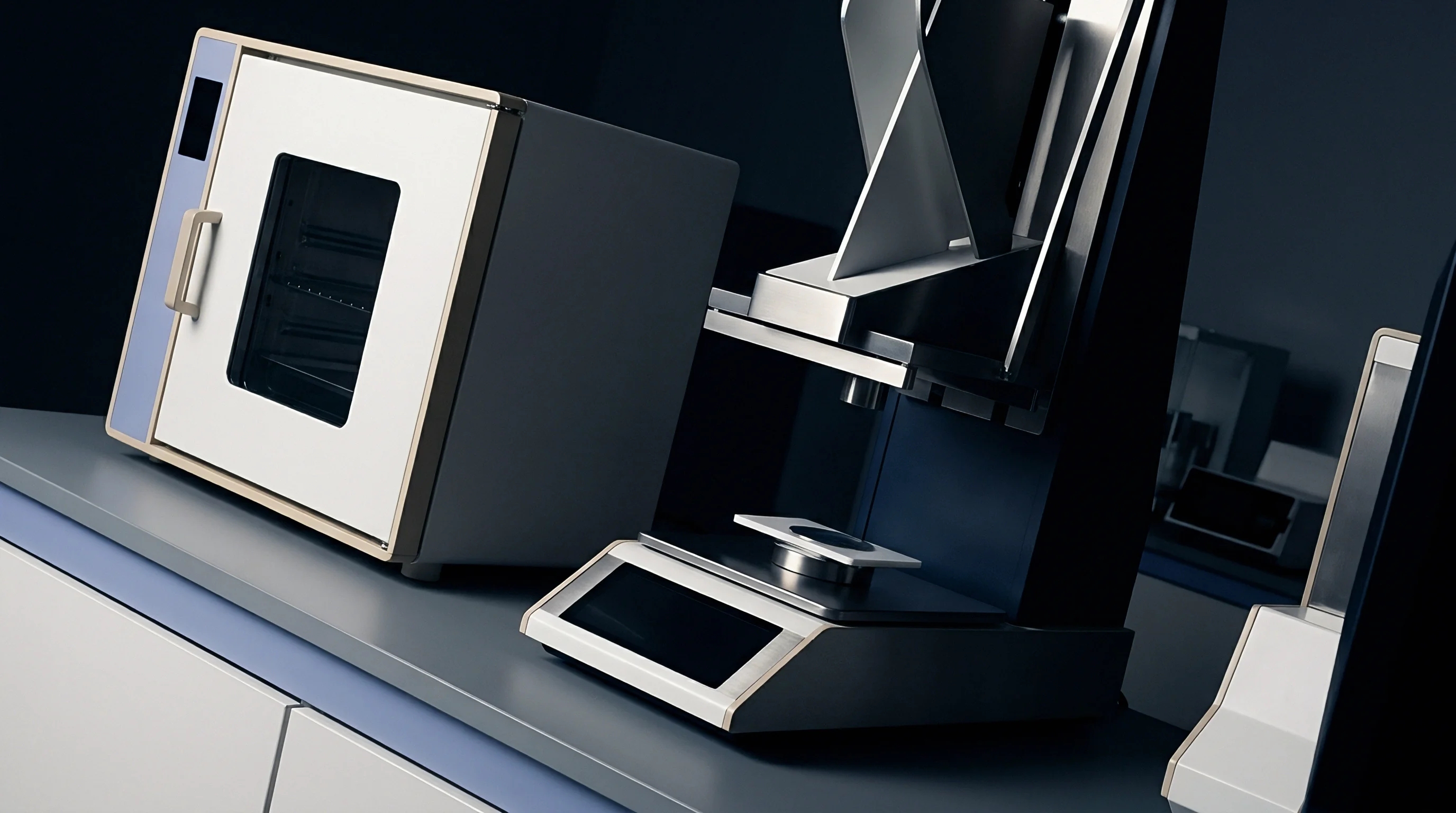 Precision analytical instrumentation including a thermal testing oven and a mechanical property tester rests on an industrial laboratory benchtop.
