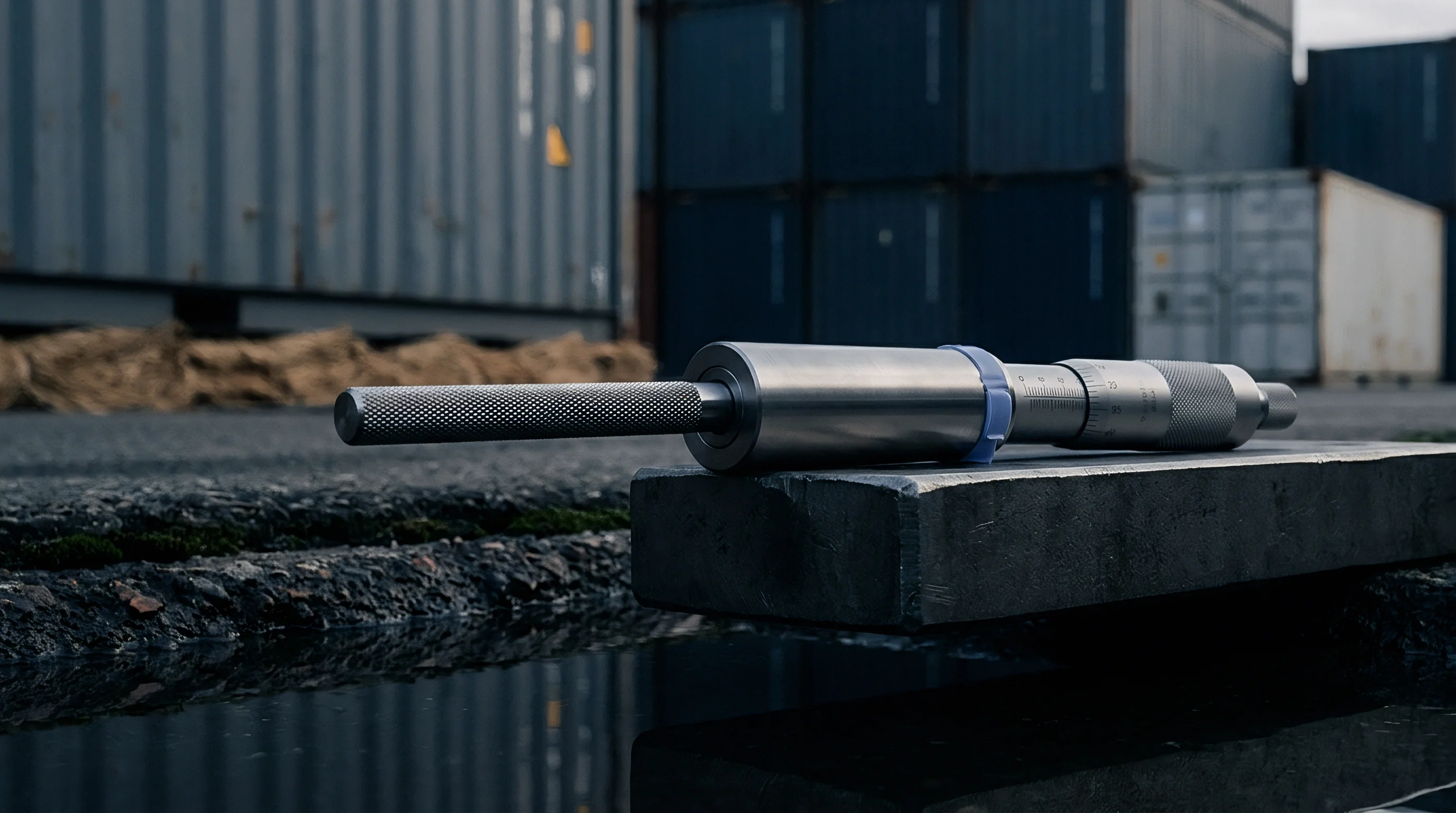 A steel internal micrometer rests on a heavy metal block beside an industrial container yard under overcast skies.