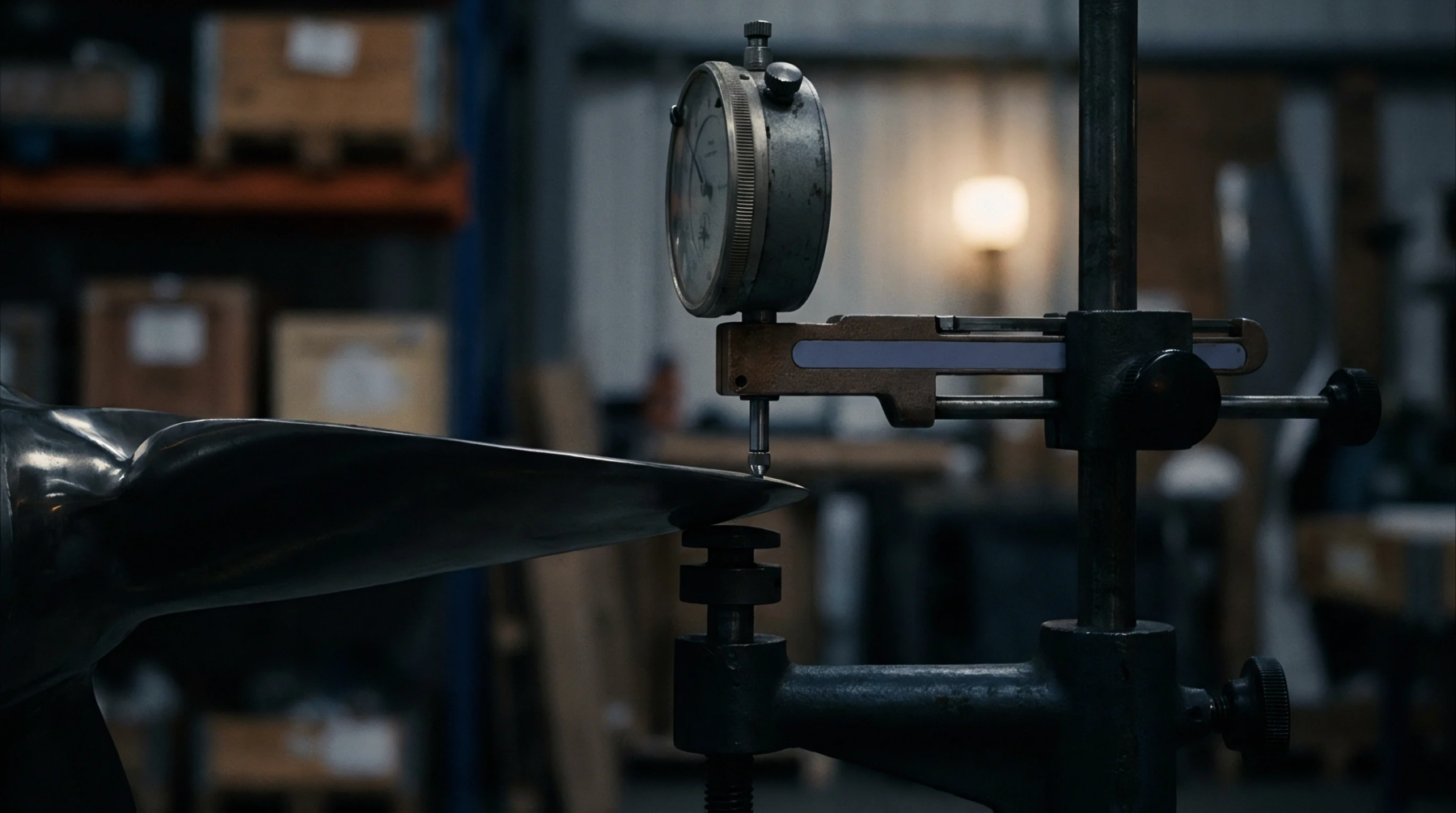 A metallic component possibly a propeller blade is being precisely measured for its dimensions using a dial indicator in an industrial setting.