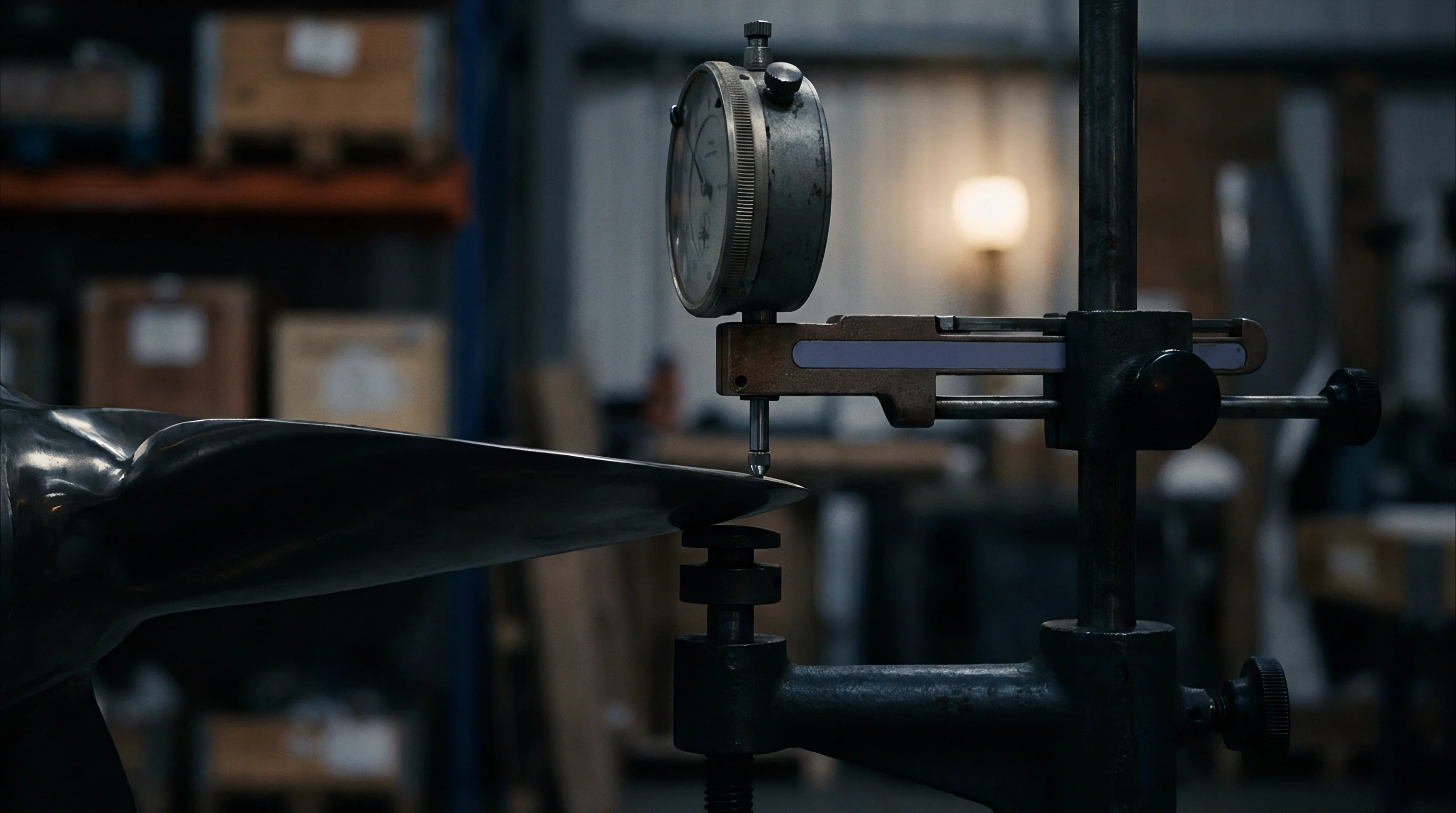 A metallic component possibly a propeller blade is being precisely measured for its dimensions using a dial indicator in an industrial setting.