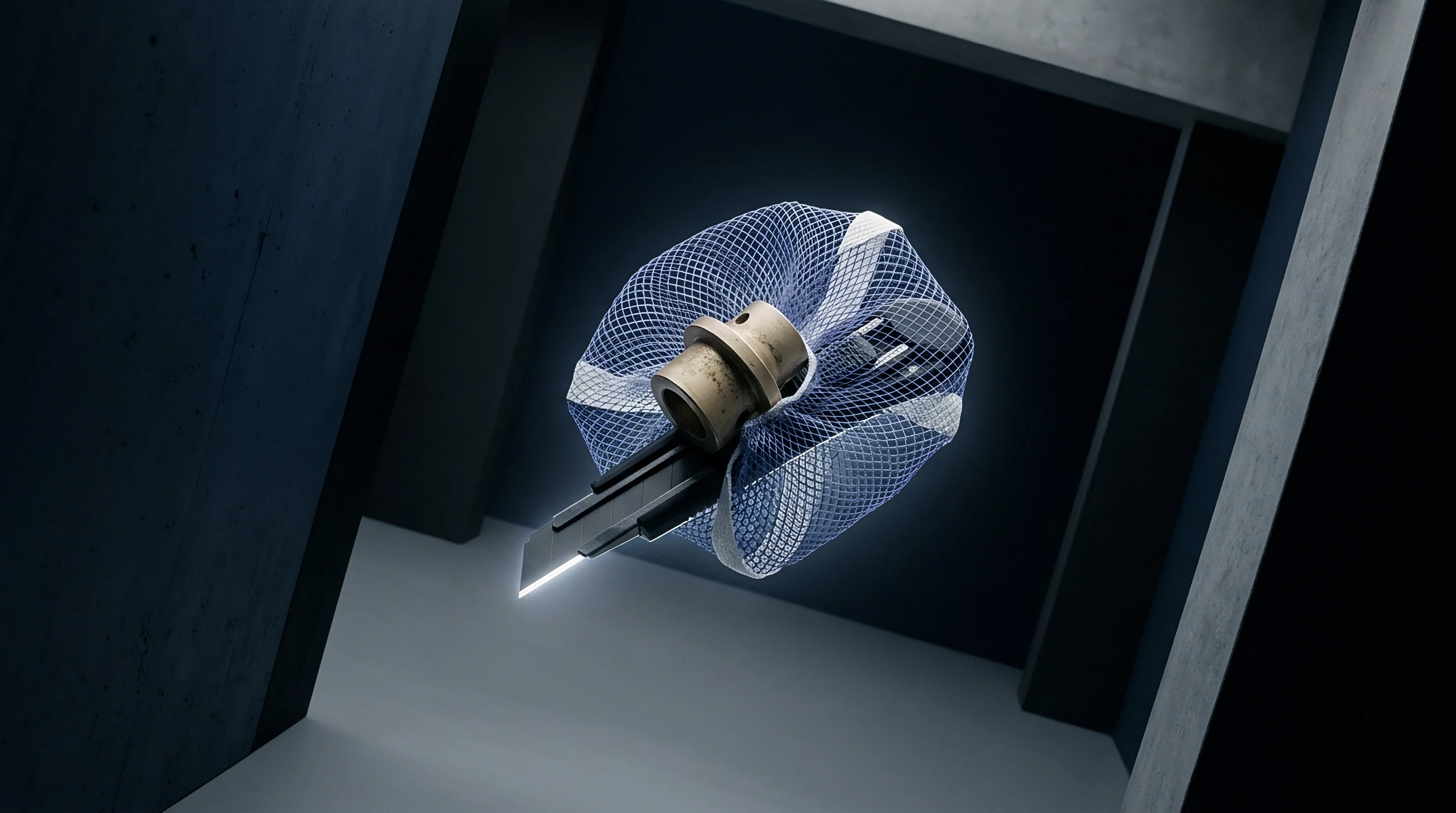 This render shows a complex metallic mesh structure surrounding a precision engineered component with a sharp blade, presented in a minimalist architectural setting.