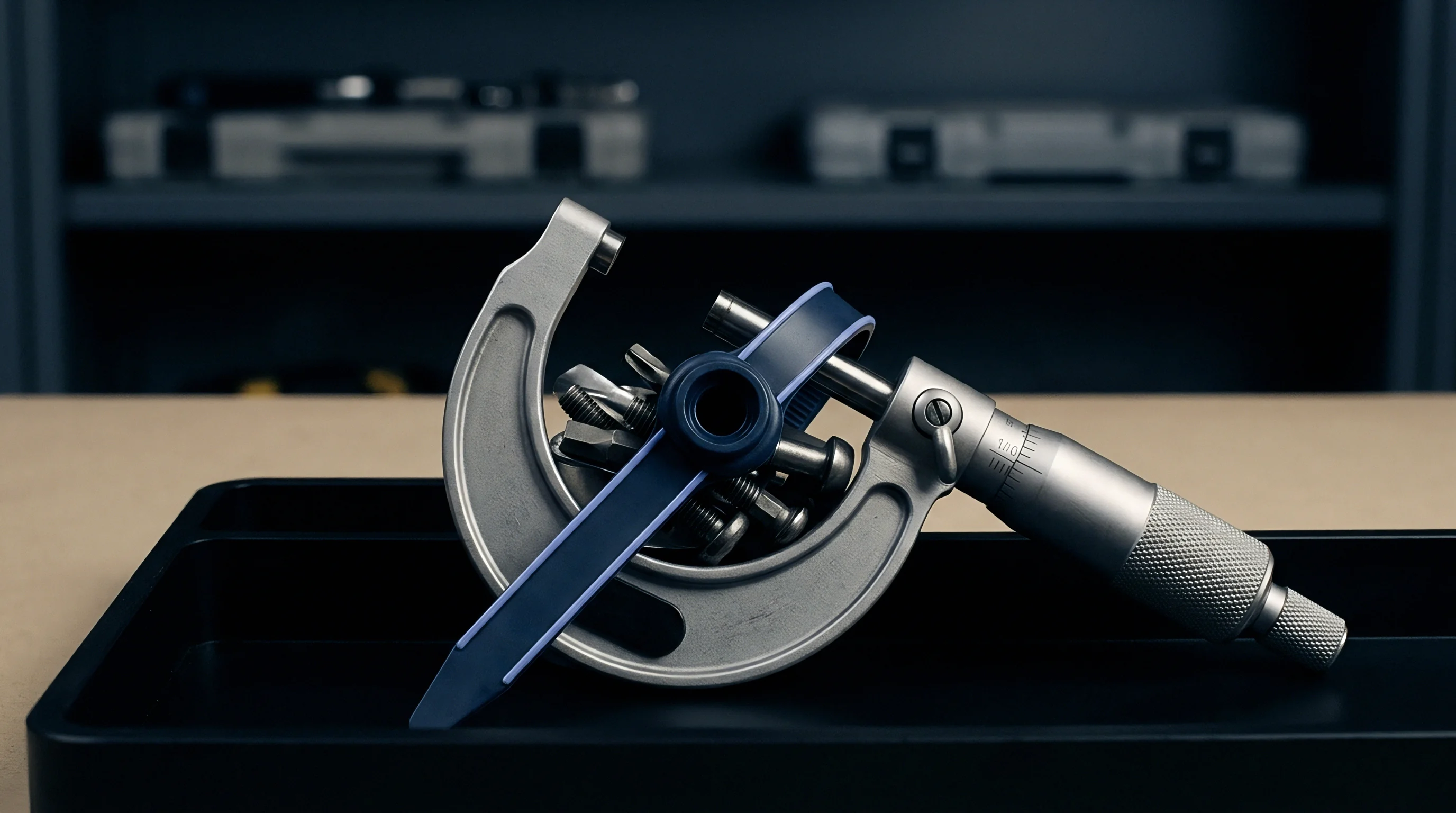 Assorted steel fasteners rest inside a heavy metal metrology caliper frame placed within a dark industrial sorting tray.