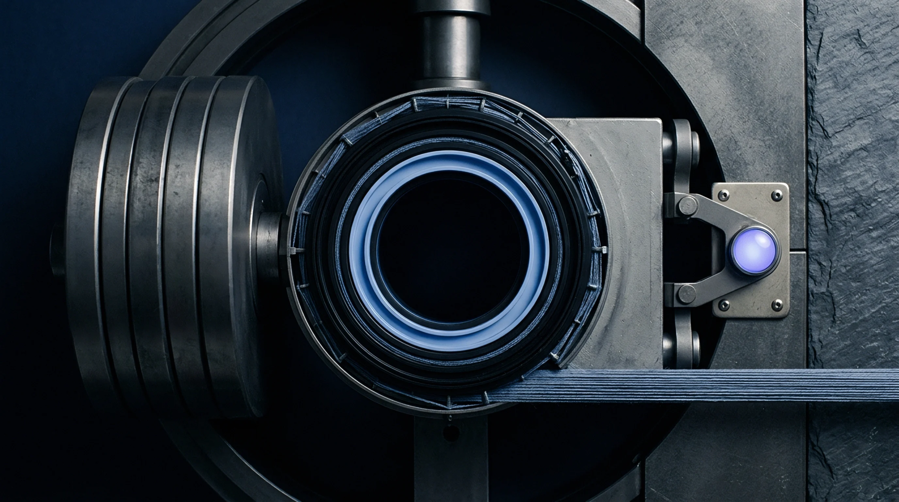 A digital illustration presents a heavy metallic winding mechanism with a glowing blue core feeding a flat band of blue synthetic threads.