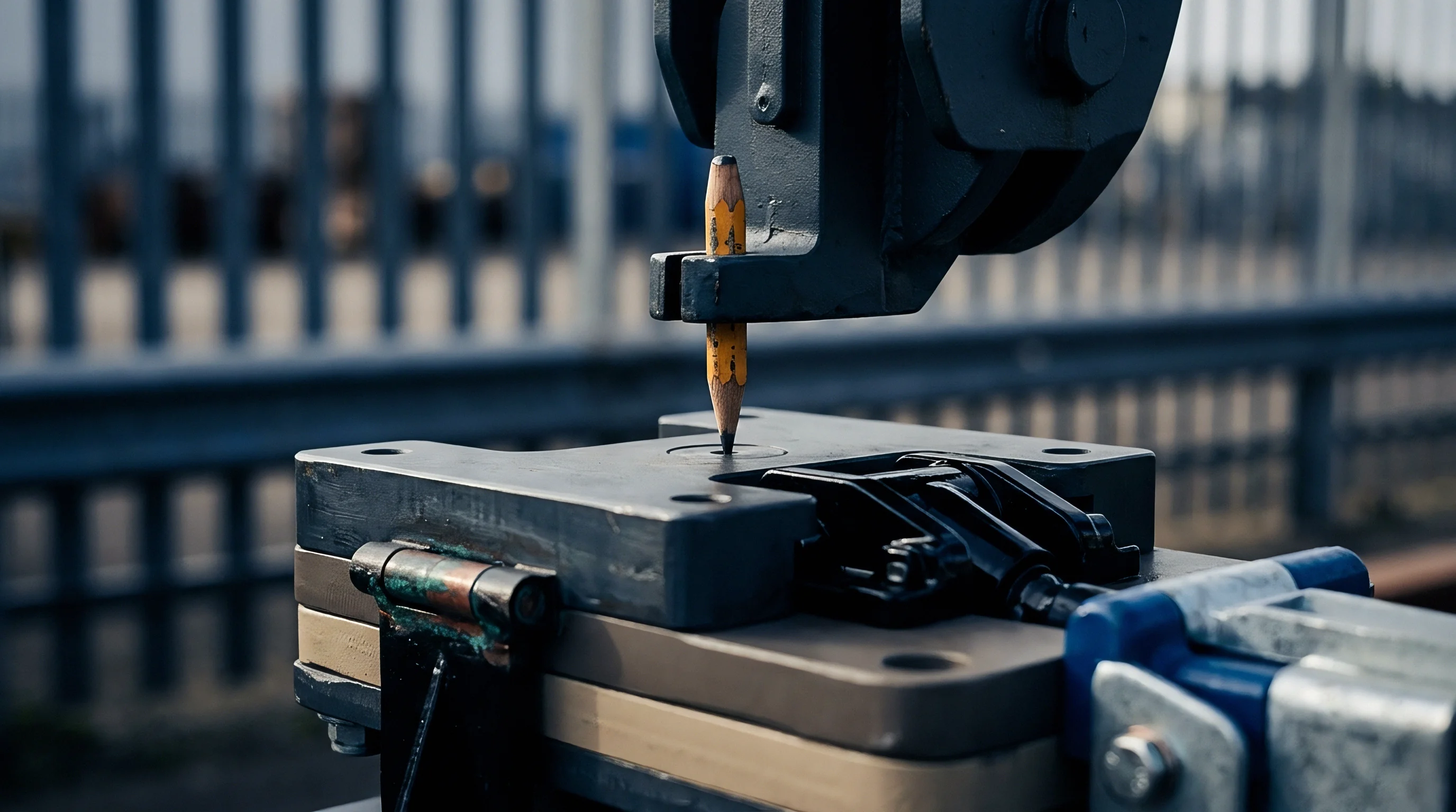 An industrial metal jig holds a graphite pencil tip in precise alignment against a machined steel component plate.