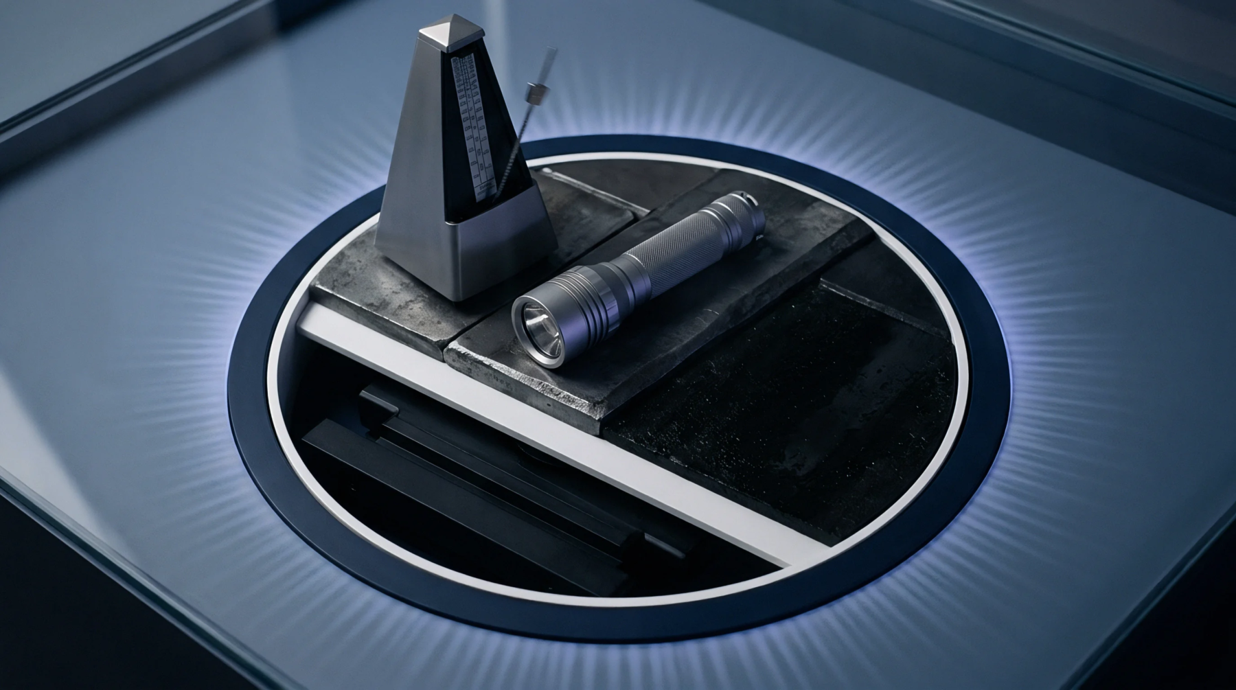 Metal testing instruments and dark stone calibration plates rest on a circular industrial inspection platform illuminated by a glowing blue ring.