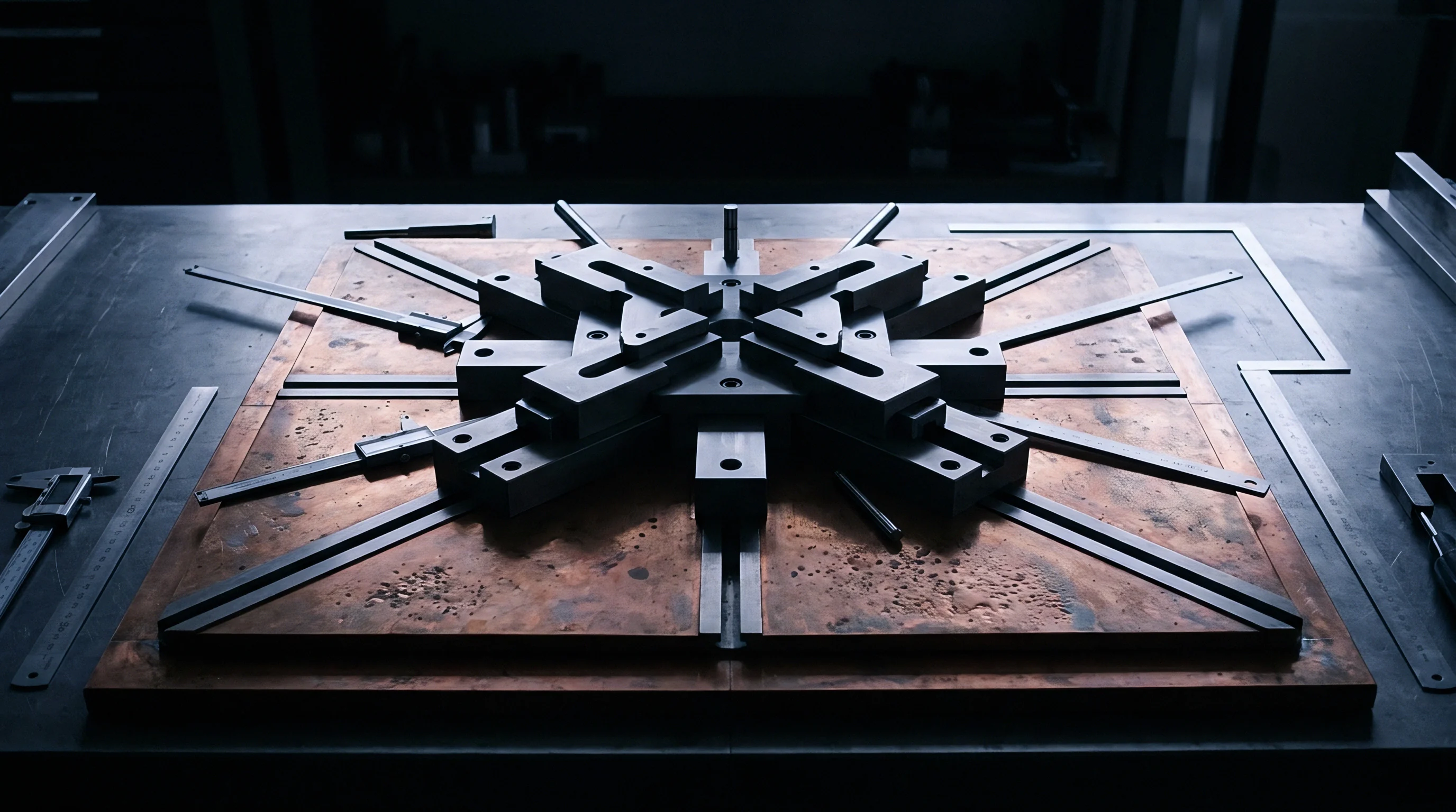 A complex metal assembly fixture sits centered on a copper plate surrounded by calipers and steel rulers on a workshop table.