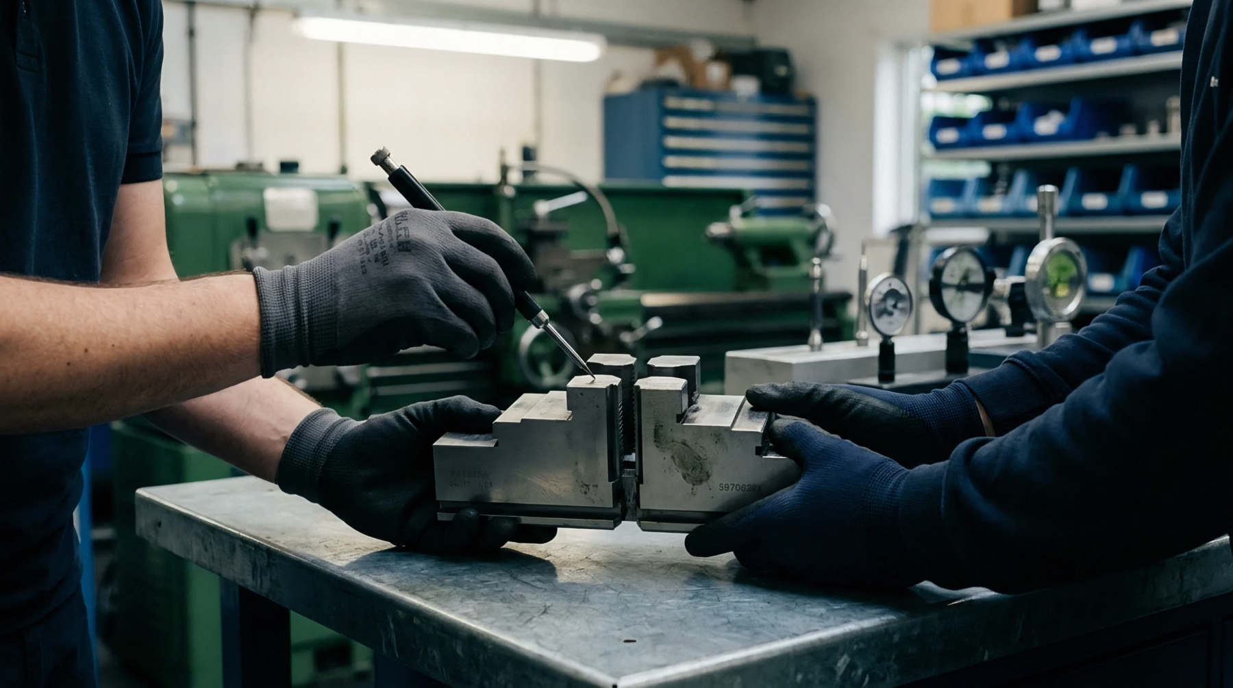Two technicians in protective gloves manipulate a heavy steel fixture block on a workspace as one marks the surface with a metal stylus.
