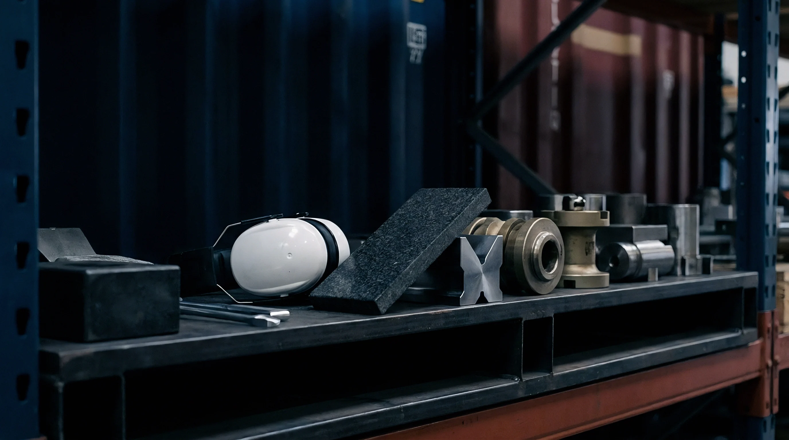 Precision machined steel parts and calibration blocks rest alongside hearing protection earmuffs on a heavy industrial metal shelf inside a manufacturing facility.