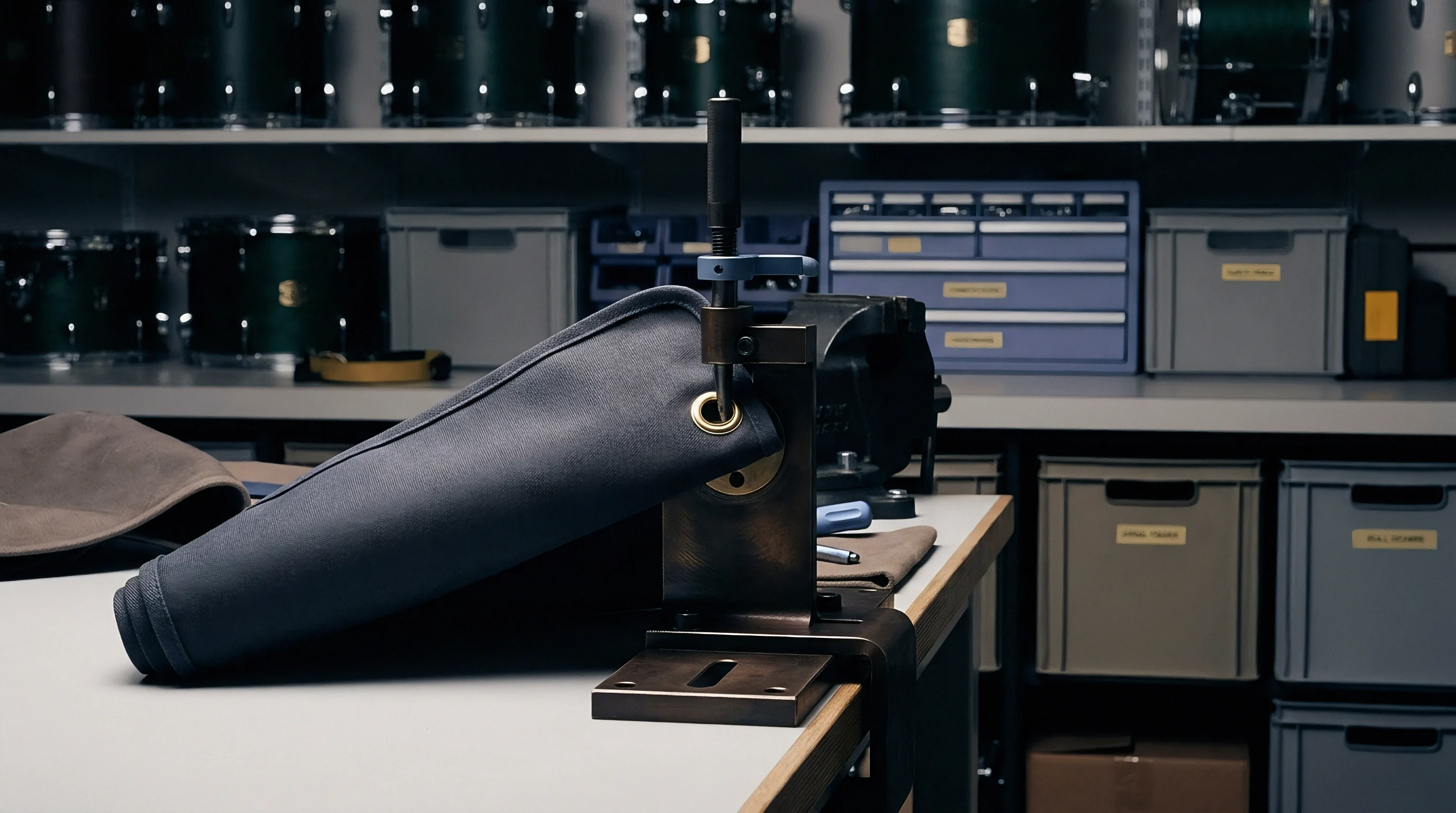 A manual grommet press secures a brass eyelet through a heavy navy textile edge on a workshop bench during manufacturing assembly.
