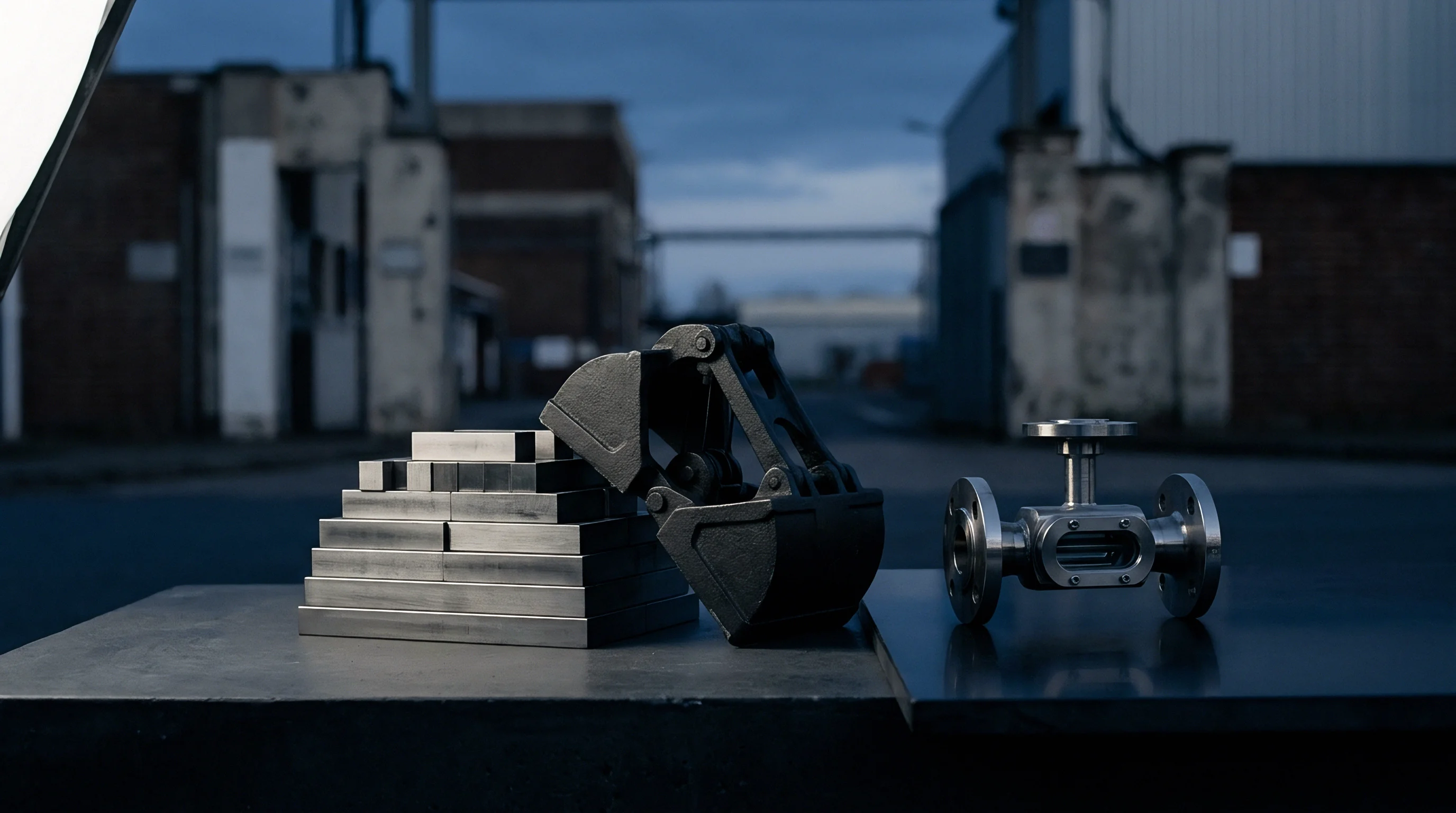Cast iron machine parts and stainless steel industrial fittings rest on a dark steel workbench inside a factory facility.