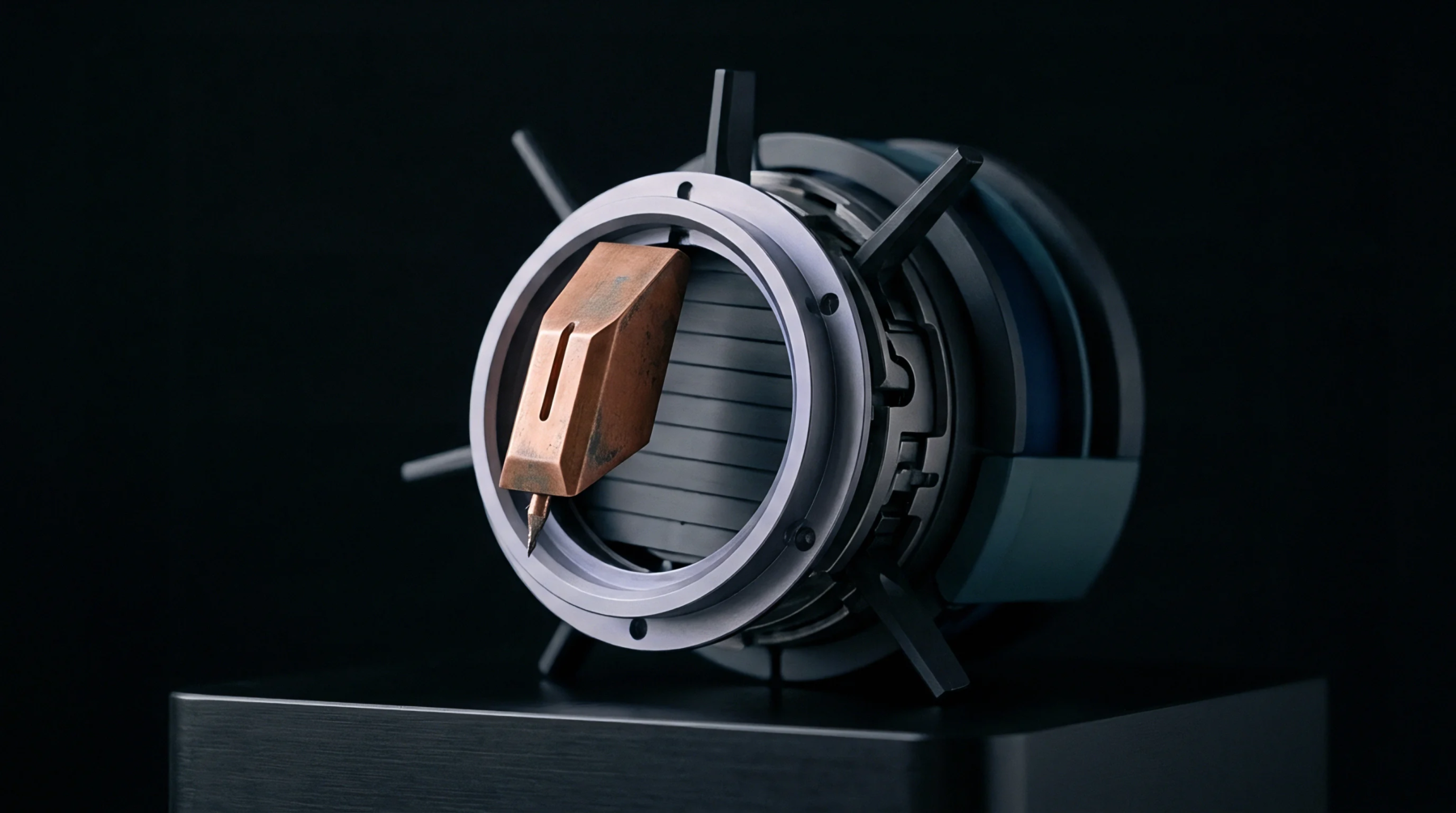 A specialized precision industrial probe featuring a prominent copper-toned tip is centered within an intricate metallic circular assembly against a dark background.