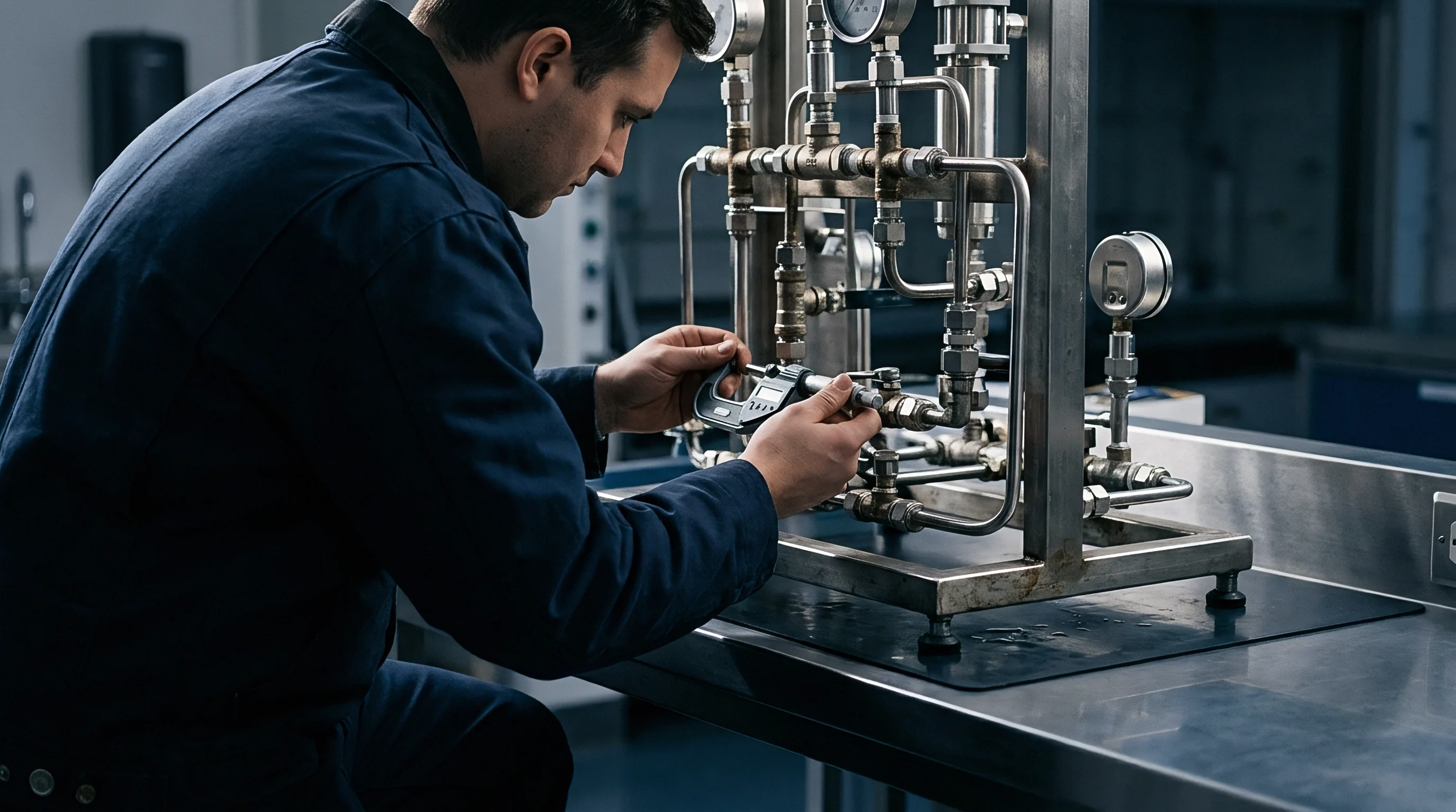 A technician in dark coveralls uses a digital micrometer to inspect a stainless steel pipe assembly within a sterile industrial laboratory environment.