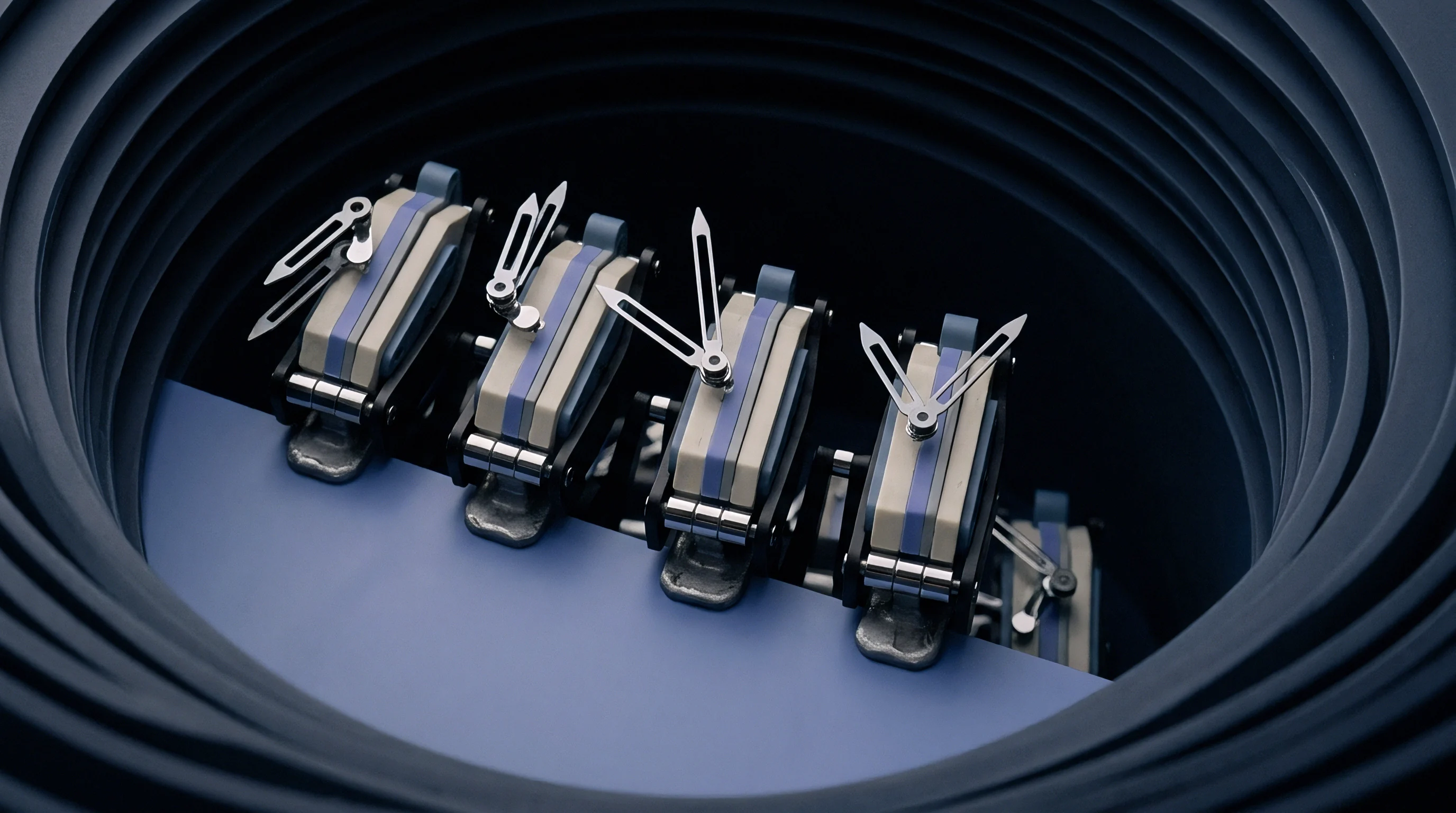 Four articulated mechanical assemblies featuring indicator needles rest on a blue platform within a dark layered cylindrical housing in this digital render.