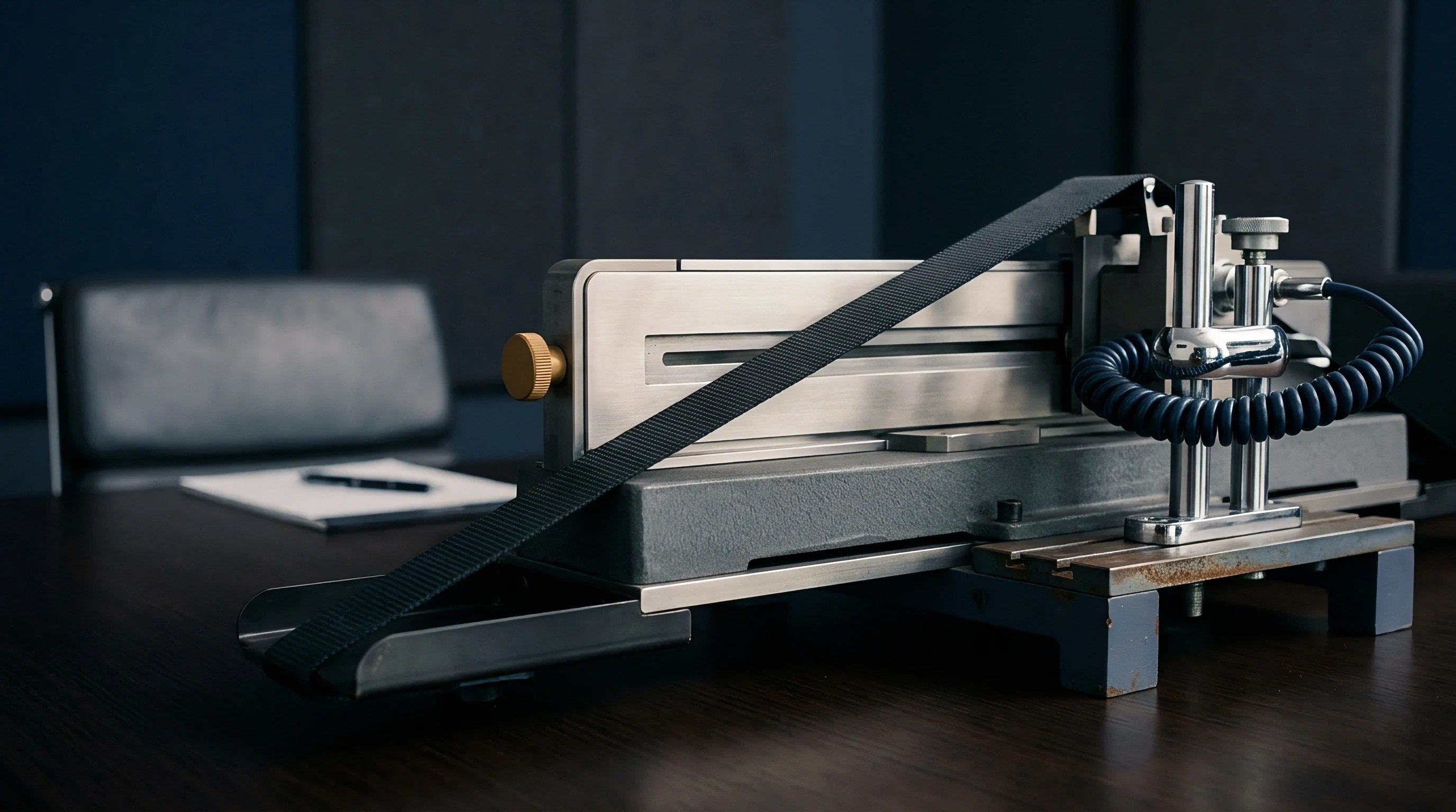 A heavy steel tension testing apparatus rests on a dark wooden workshop table beside an empty office chair and notebook.