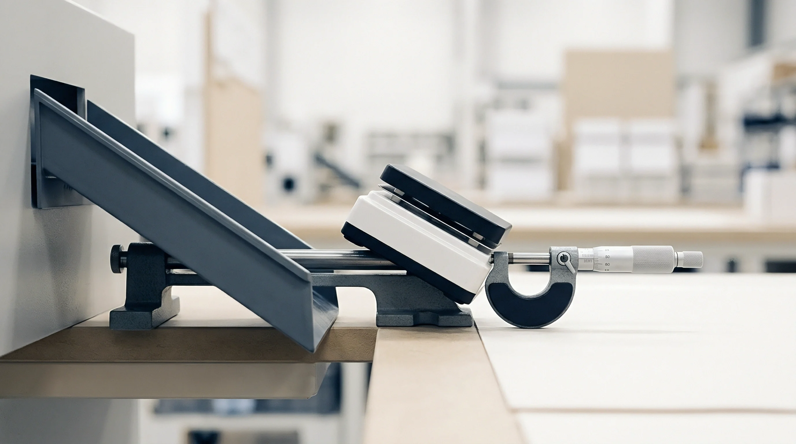 A micrometer is secured in a metal fixture on a wooden workbench to measure a manufactured component housing.