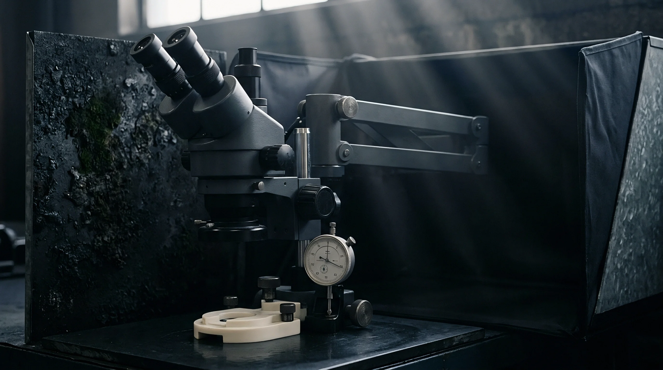 A stereomicroscope with a metal articulating arm and a mechanical dial gauge sits on a dark production quality assurance workbench.