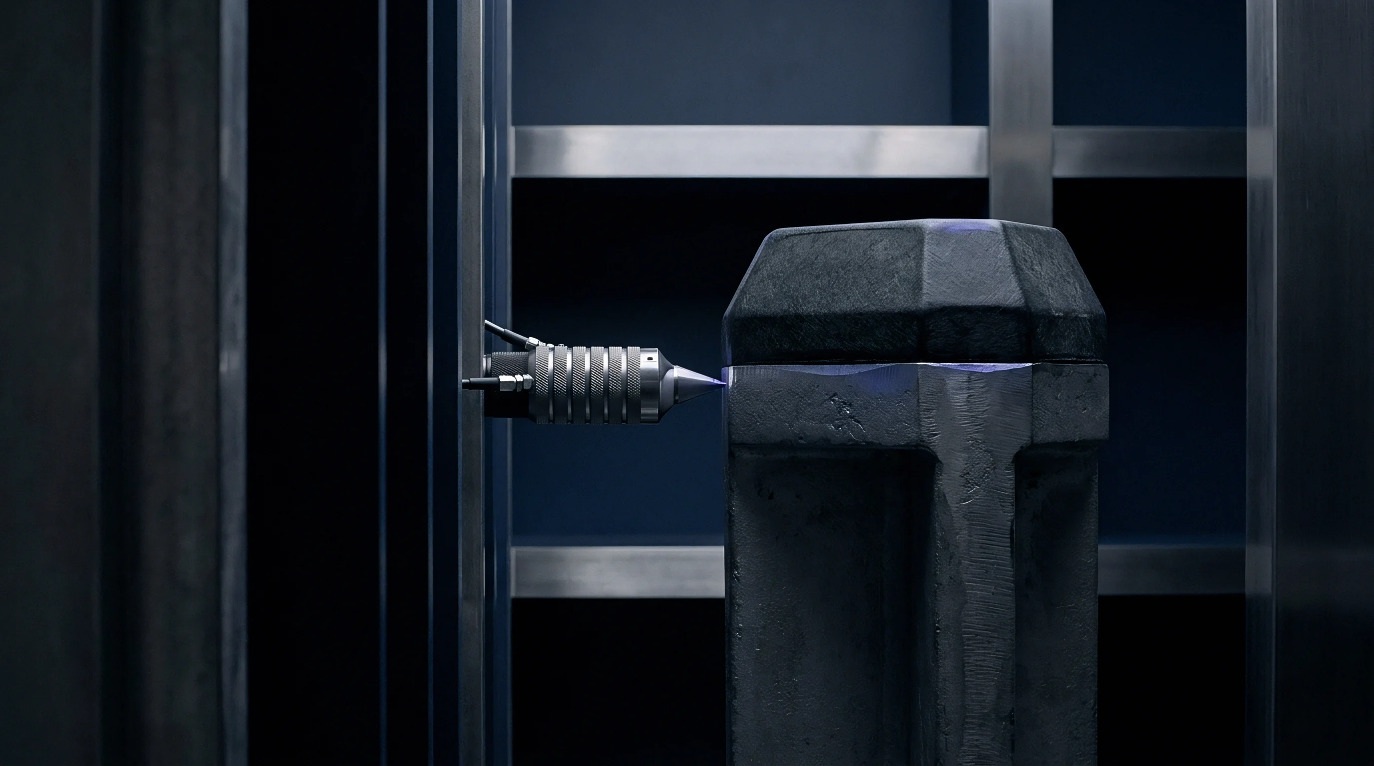 A high precision tactile measuring probe contacts a cast metal machine component inside a controlled industrial testing laboratory environment.