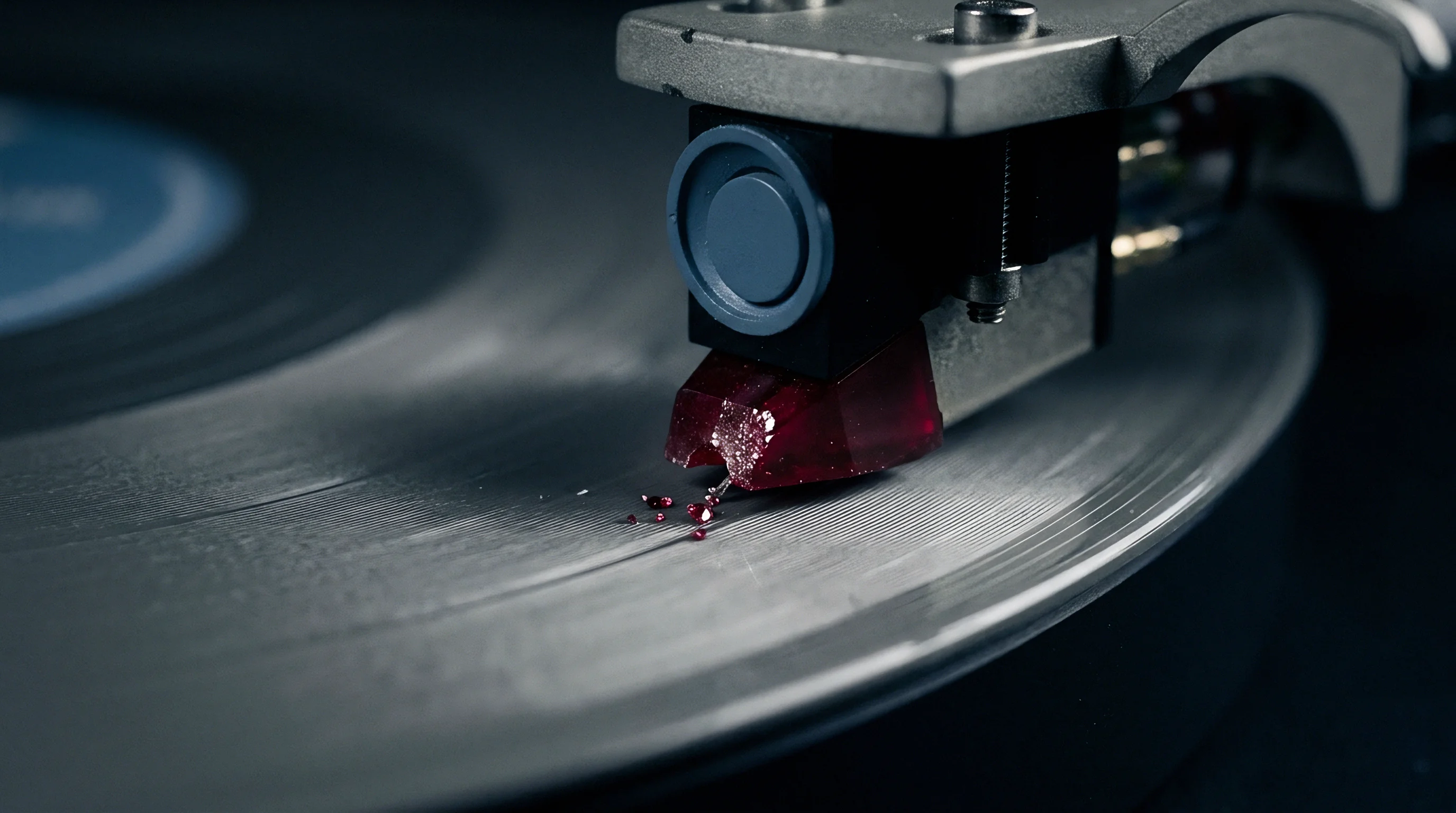 A precision mechanical cartridge tracks a grooved metallic disc while ruby crystalline fragments shed from the friction contact point.