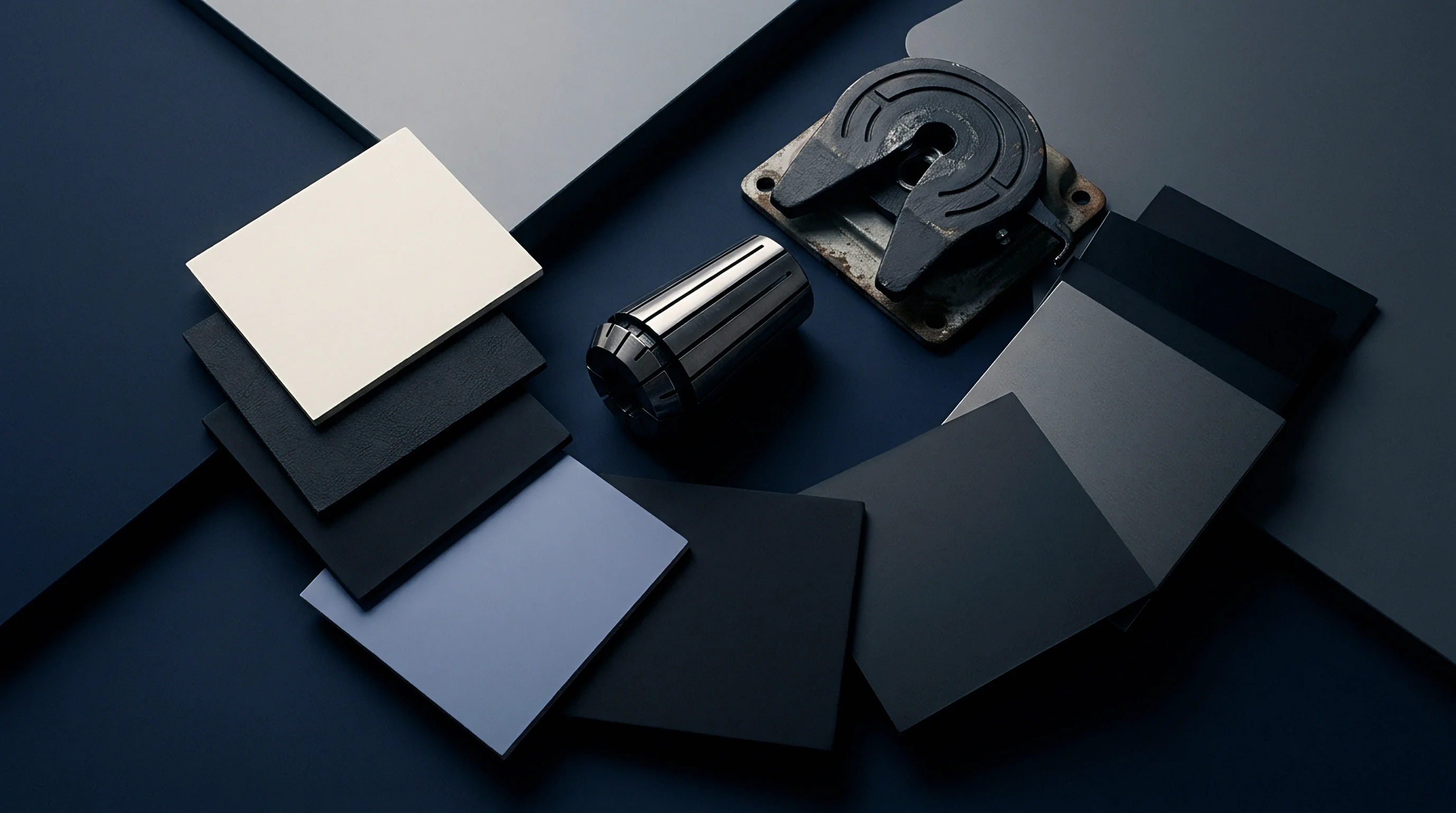 Various material samples in neutral tones are arranged with industrial components on a dark blue surface, representing different manufacturing inputs.