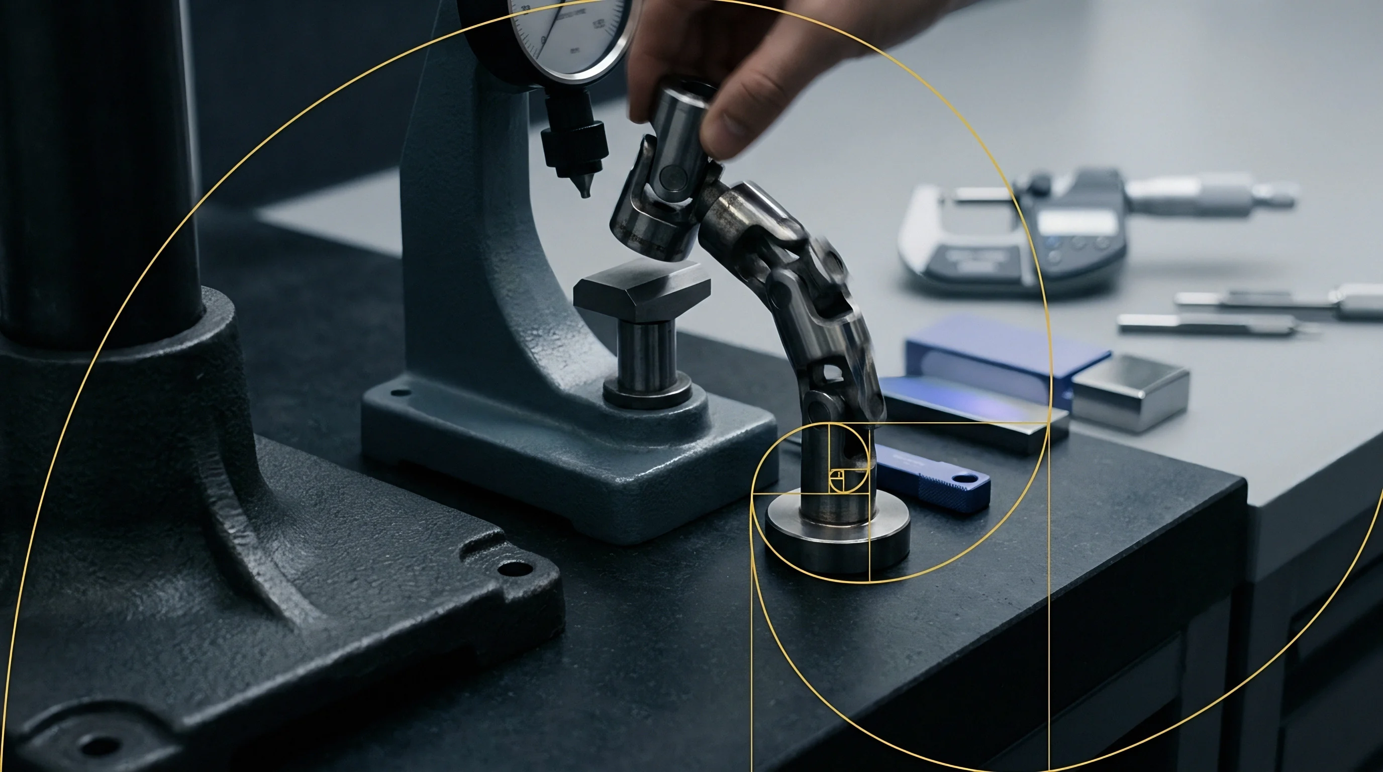 A hand inspects a precision machined steel universal joint held beside a dial gauge stand in a controlled manufacturing quality testing environment.
