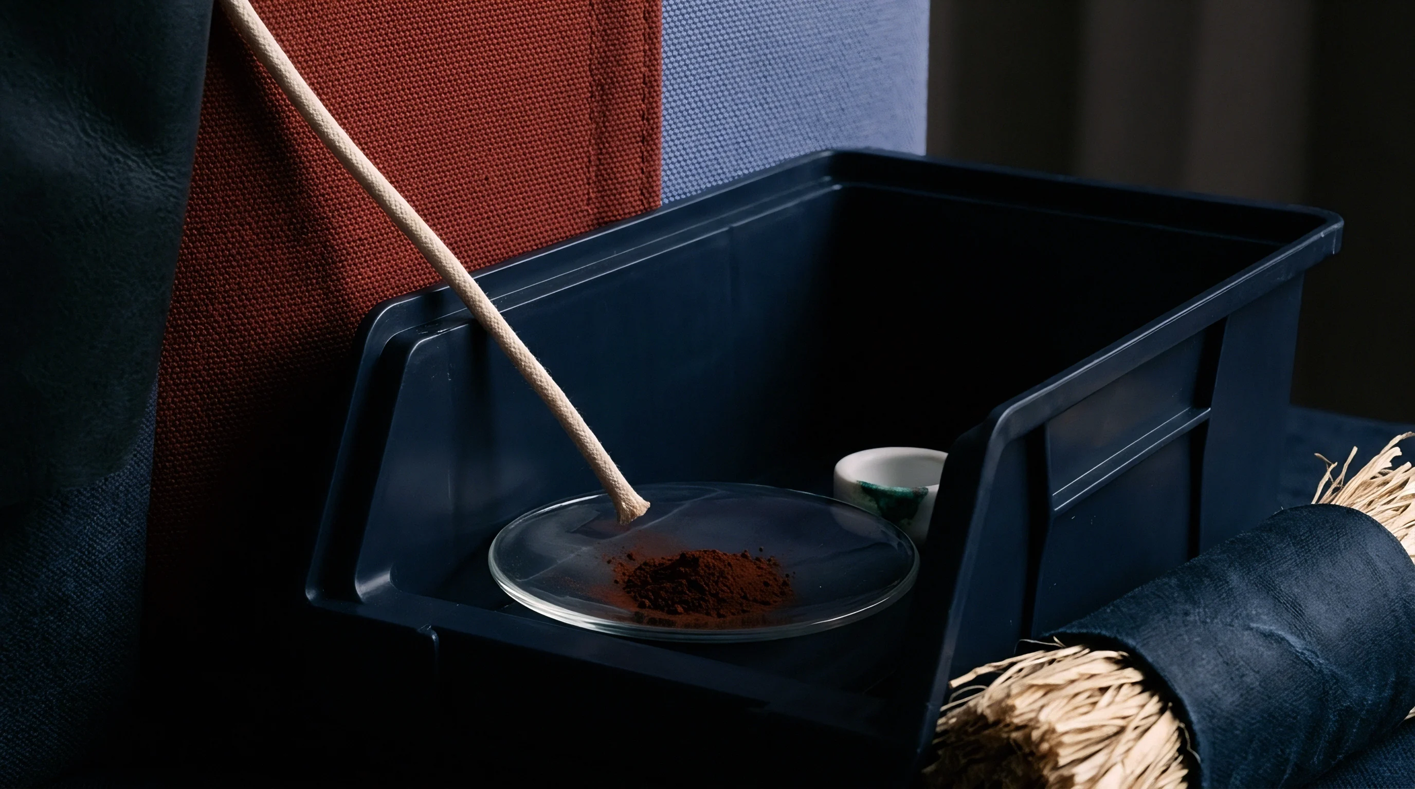 A wooden sampling rod touches a heap of brown powder held in a glass dish inside a dark blue plastic container.