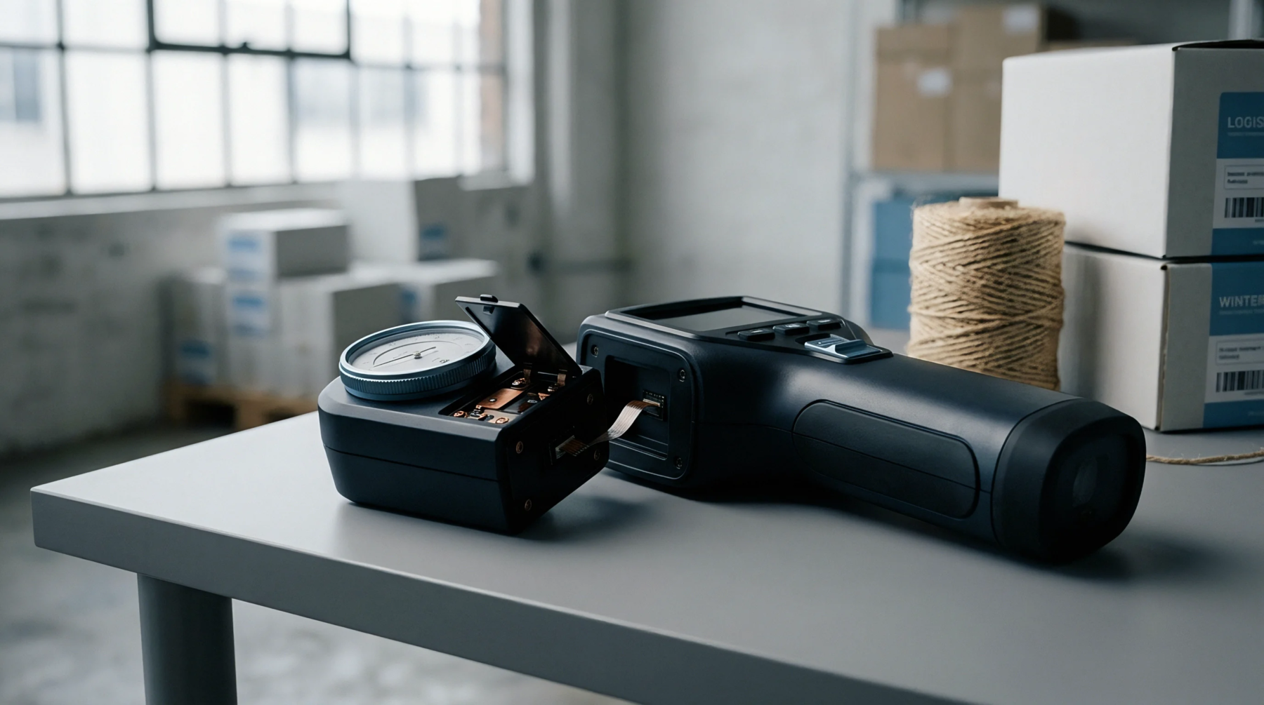 A handheld testing device and an open unit revealing electronics and a dial are positioned on a table in a logistics or production facility.