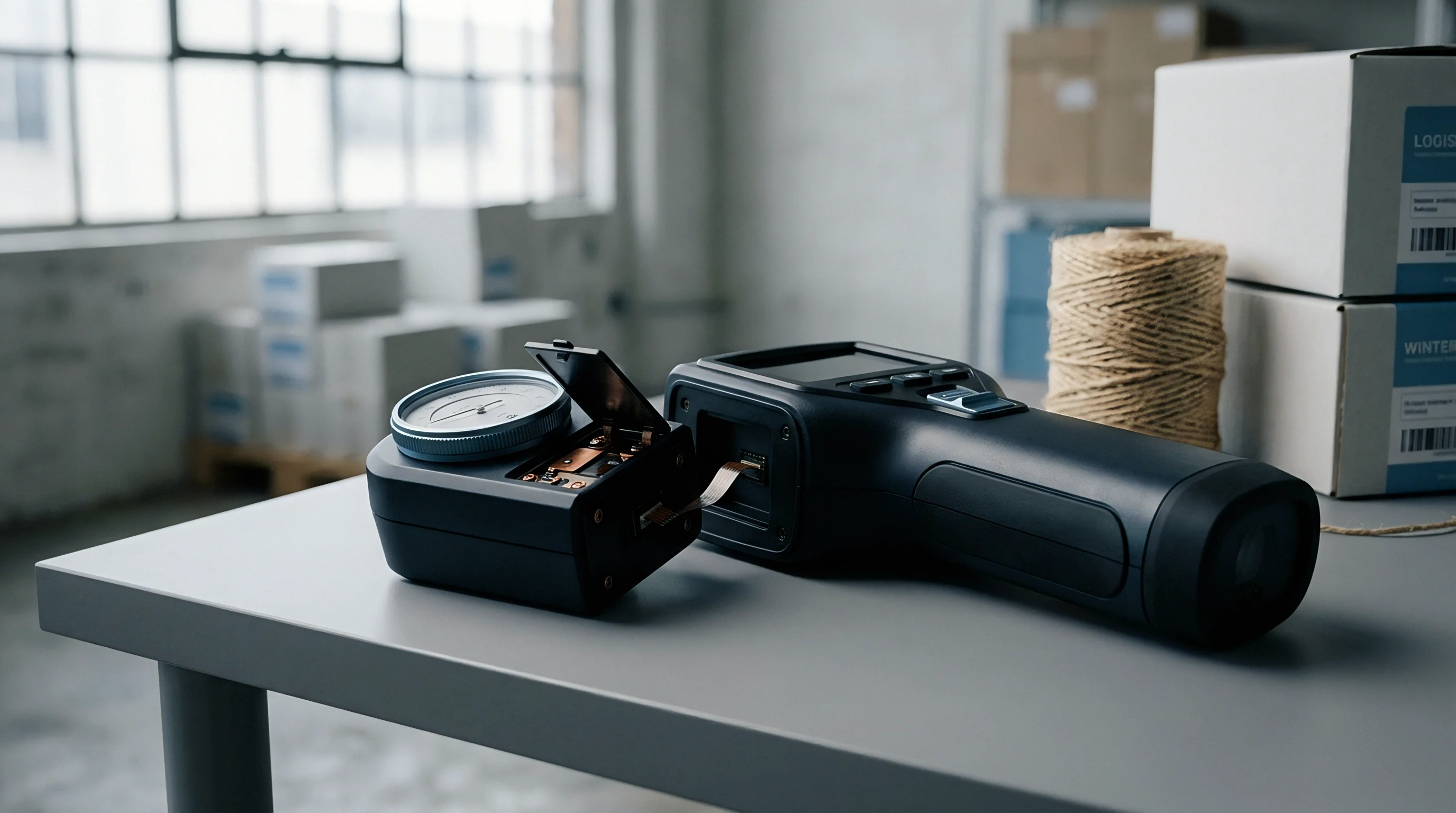 A handheld testing device and an open unit revealing electronics and a dial are positioned on a table in a logistics or production facility.