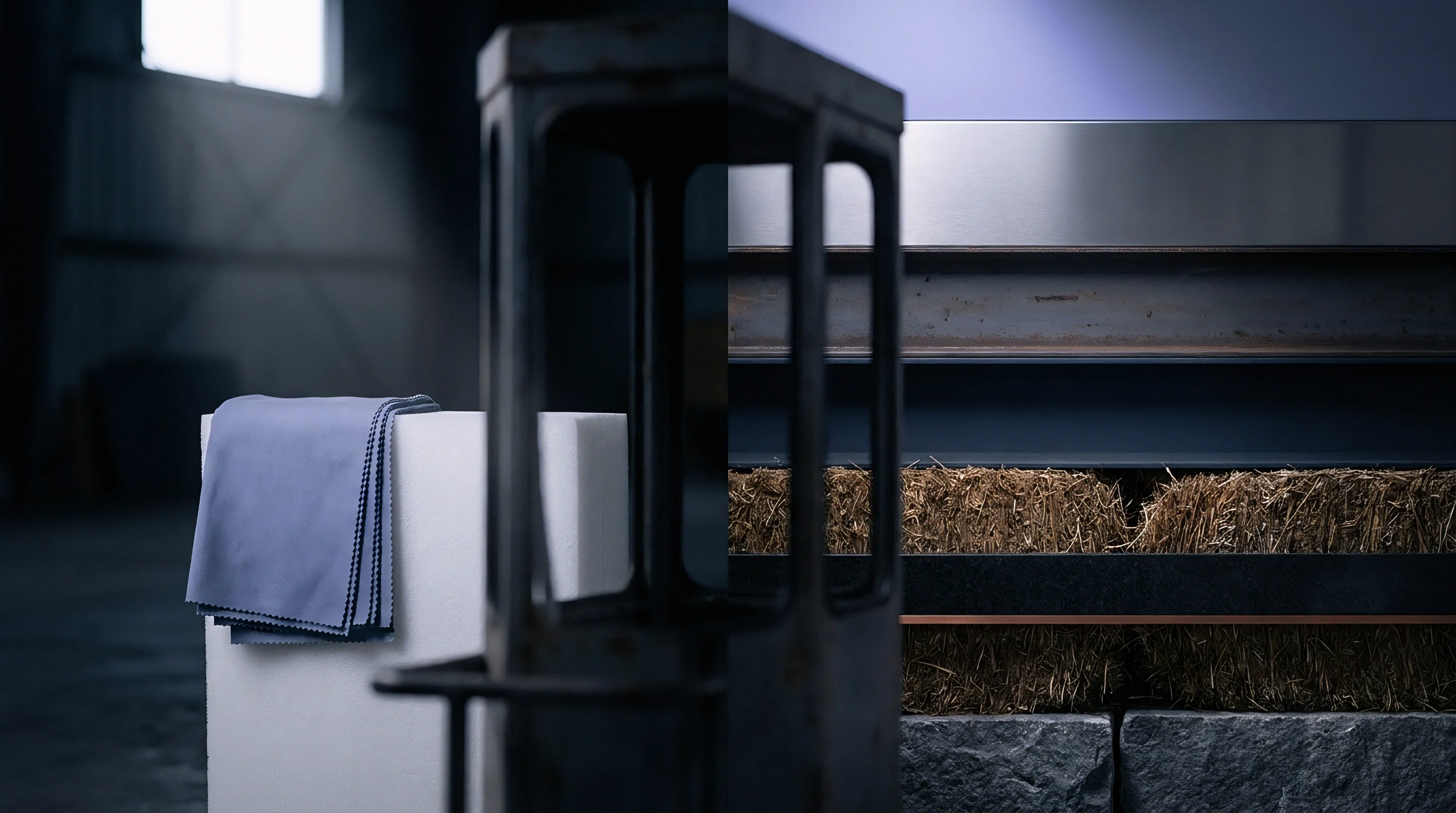 Agricultural fibers enter mechanical processing lines adjacent to a finished textile sample resting on an industrial workstation for quality evaluation.