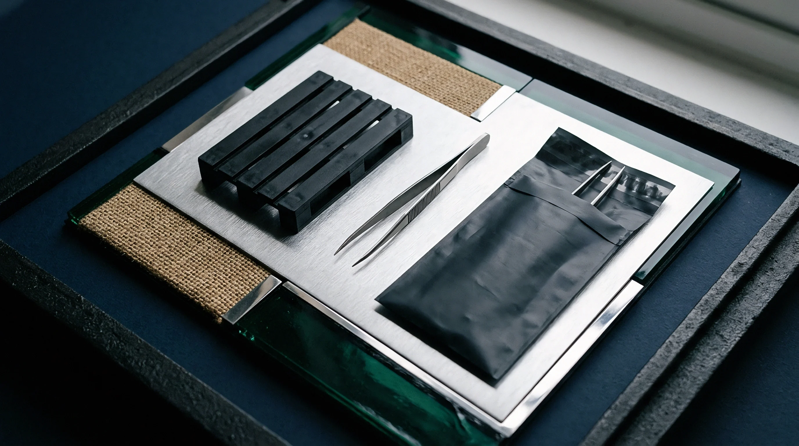 A stainless steel inspection tray holds a miniature plastic pallet, metal tweezers, and a sealed polymer sample pouch within a wooden frame.