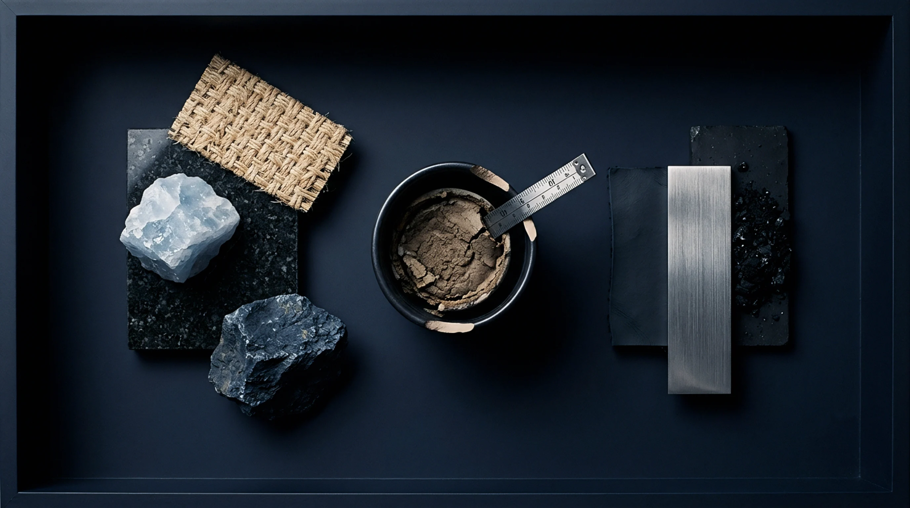 Woven matting, mineral specimens, dark stone, clay in a bowl with a ruler, and metallic strips are arranged for procurement verification on a matte surface.