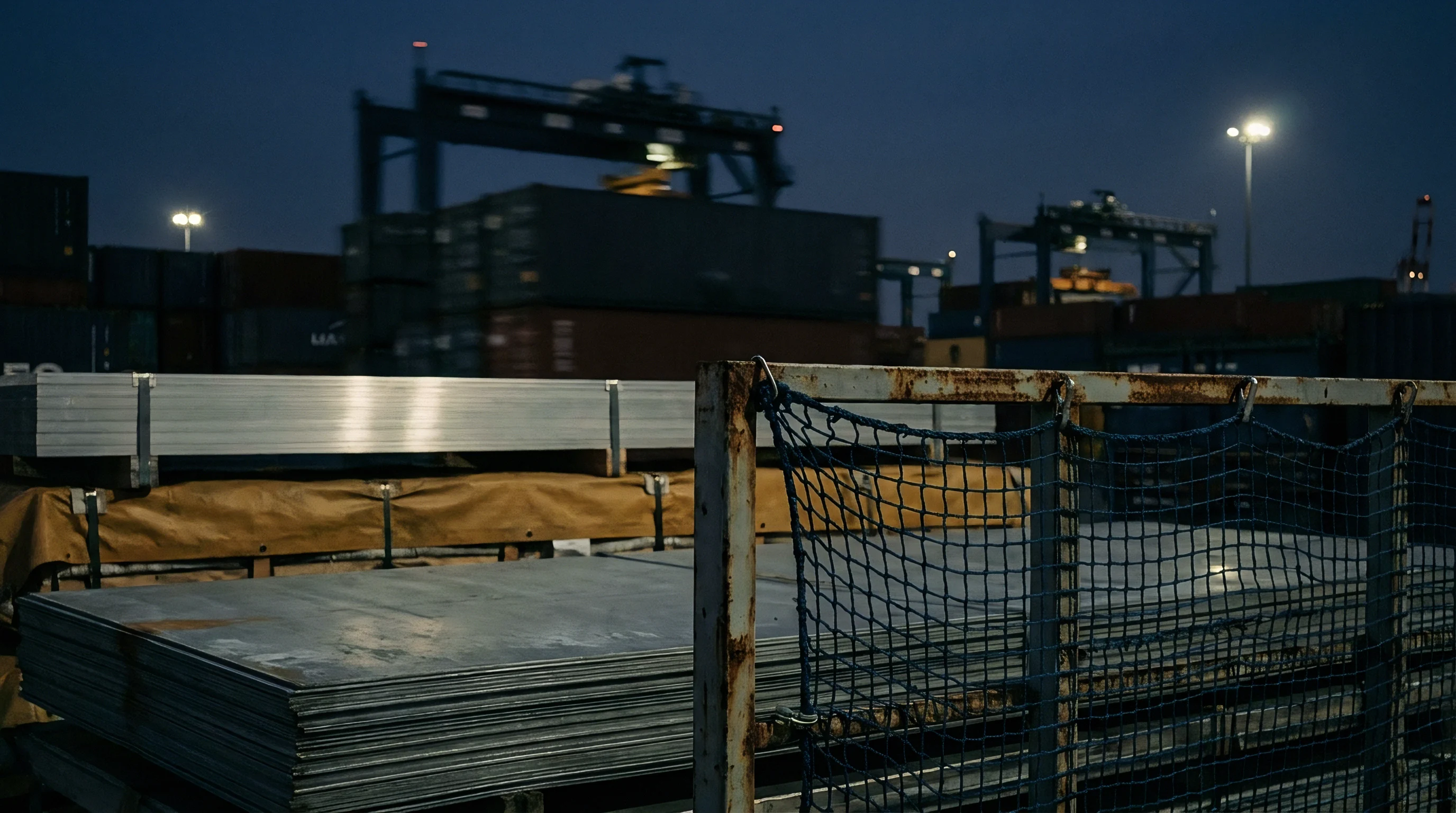 Bundles of flat metal sheets rest on wooden pallets inside an outdoor industrial freight terminal at dusk.