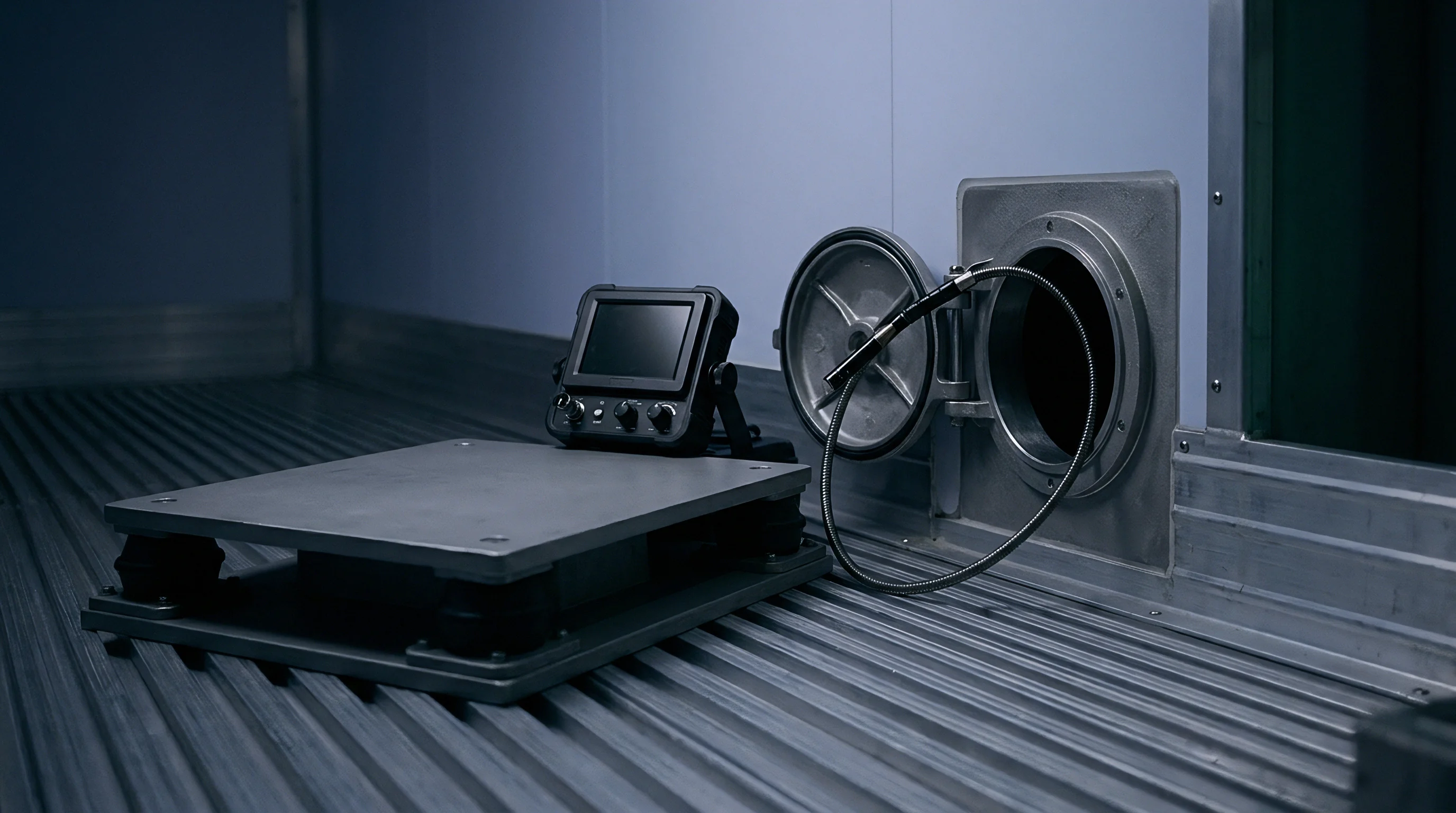 Portable video borescope equipment rests on a ribbed metal floor beside an open inspection hatch inside a production facility.
