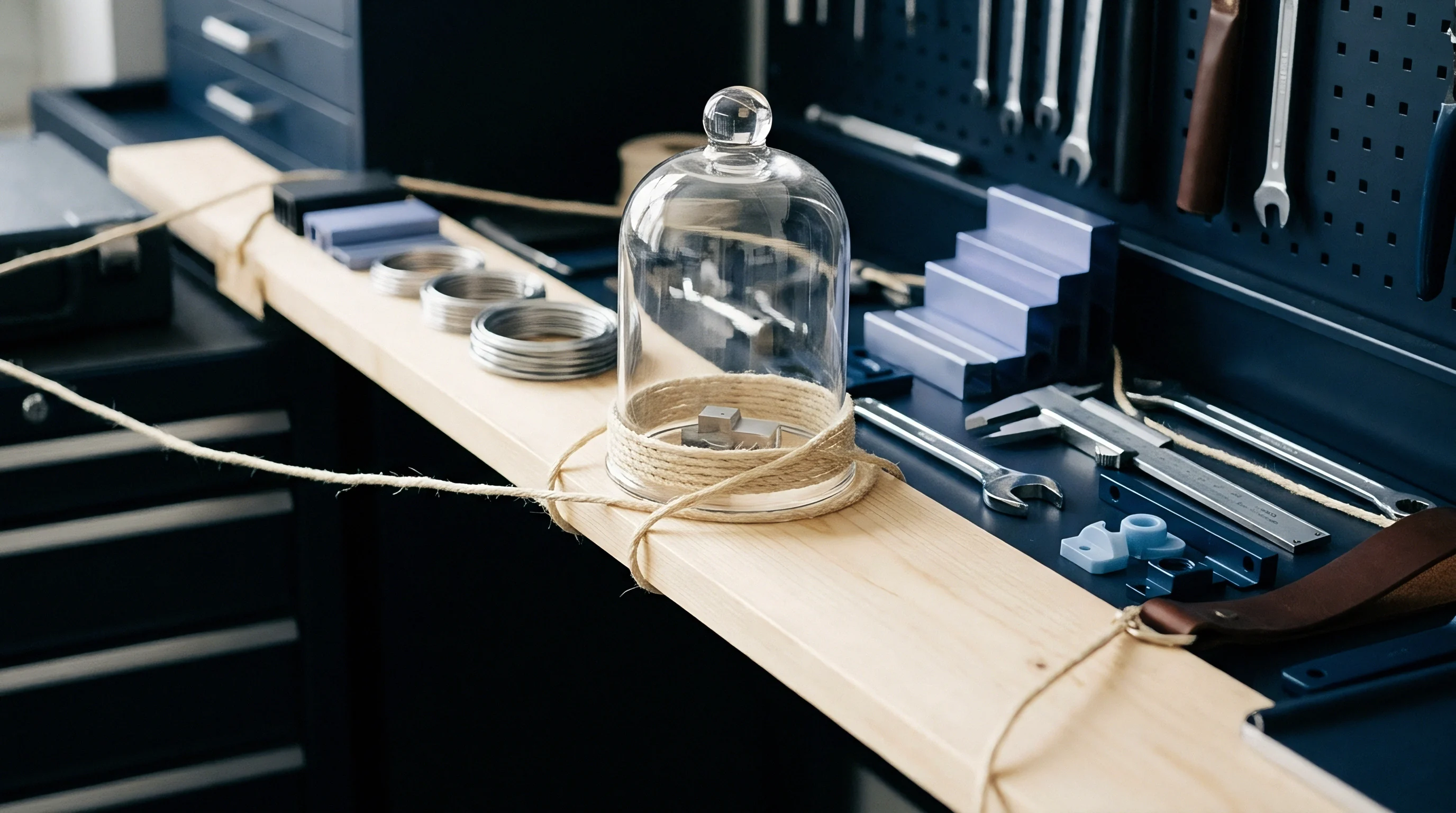 A professional workbench features metal samples under a glass cloche, alongside coiled wire stock and various precision hand tools.
