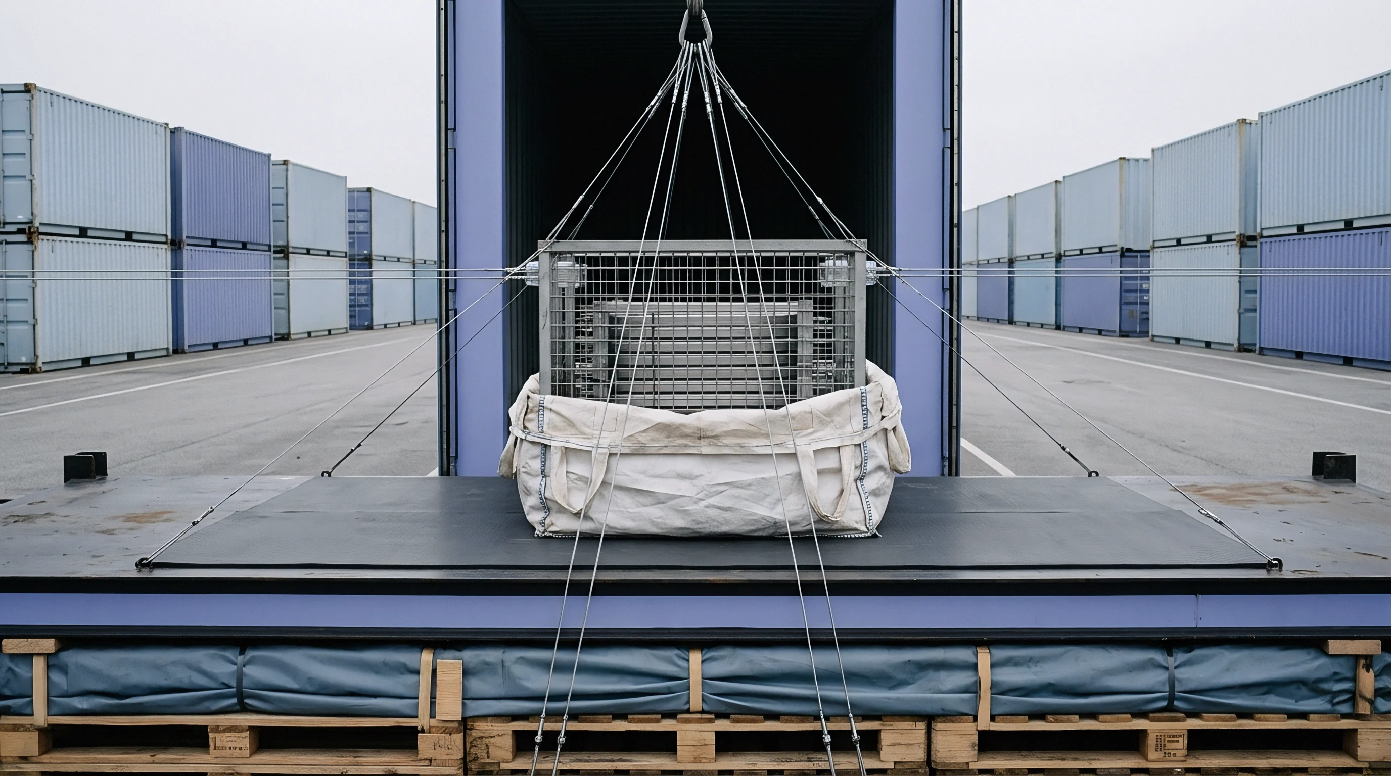 Rigging cables and stabilization wires secure a steel cage on a flatbed platform positioned before an open shipping container.